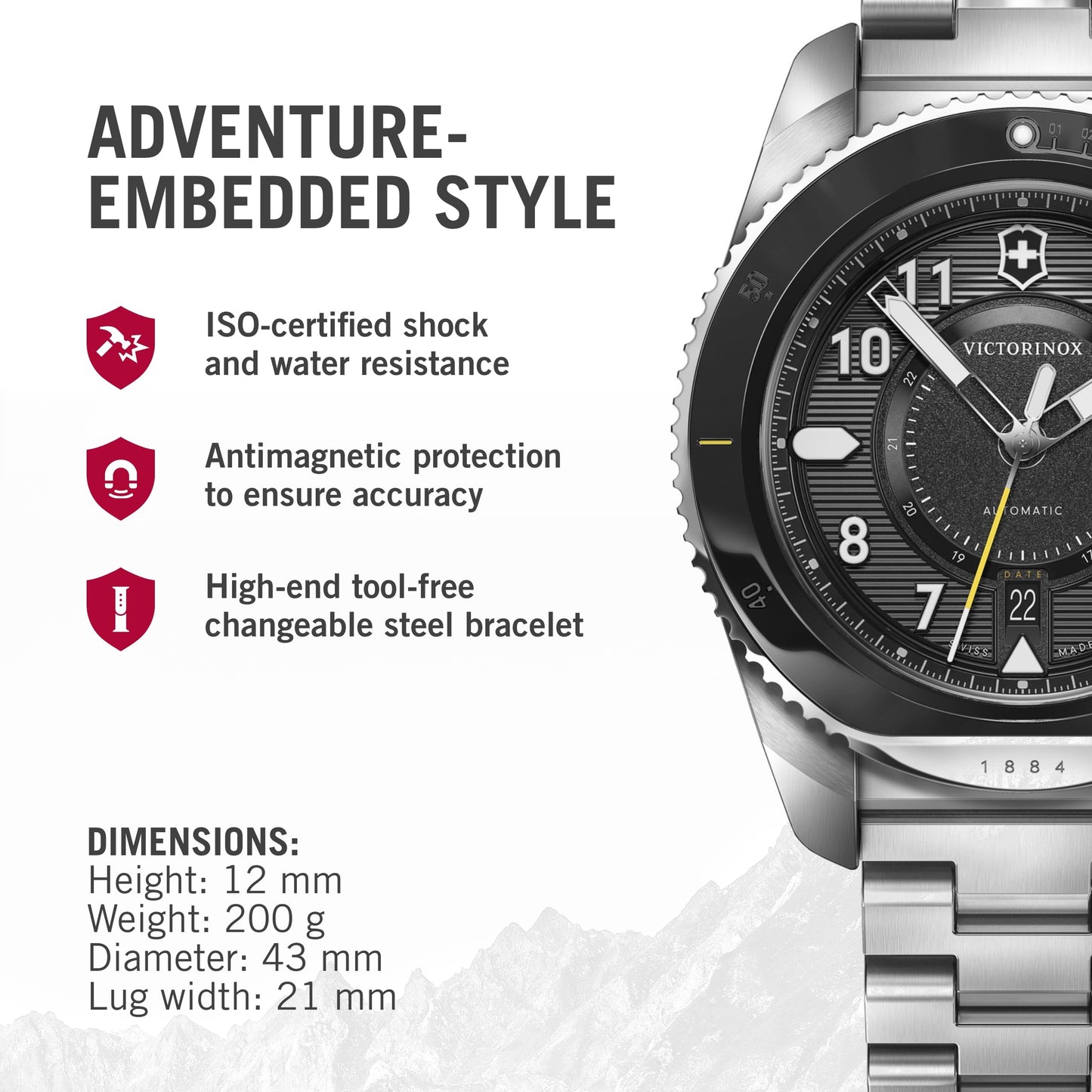 Victorinox Stainless Steel Journey 1884, Automatic Swiss Made Men's Analog Watch, Black Dial, 43 Mm, Water Resistant Up To 200 M, Sellita Sw 200-1 Movement, Wrist Watch For Men | 241981,Silver Band