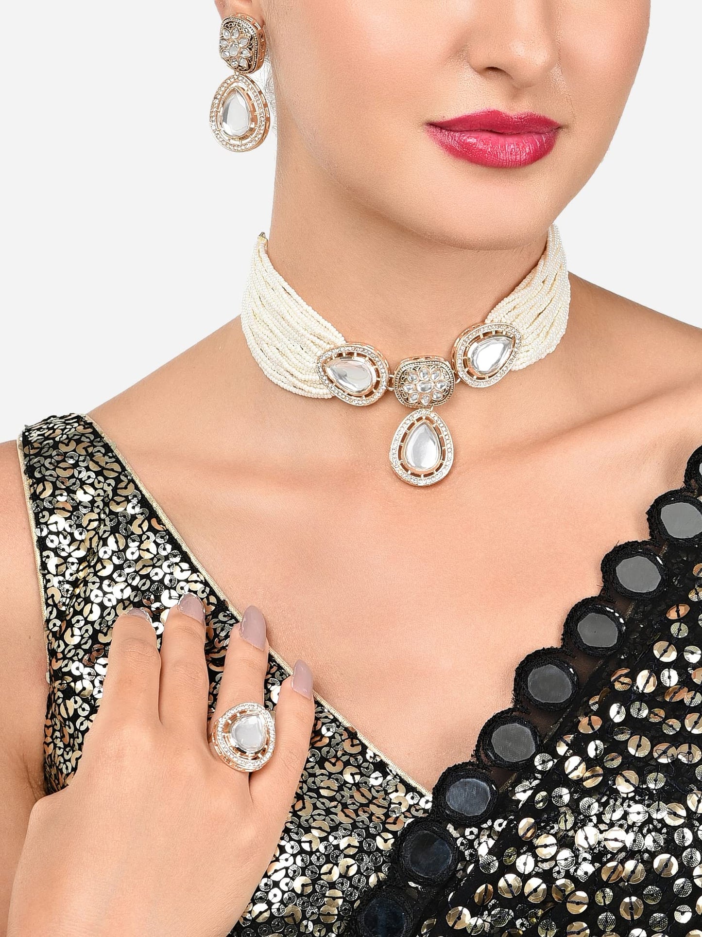 ZAVERI PEARLS Gold Tone Multistrand Beaded Kundan Choker Necklace Earring & Ring Set For Women-ZPFK16078