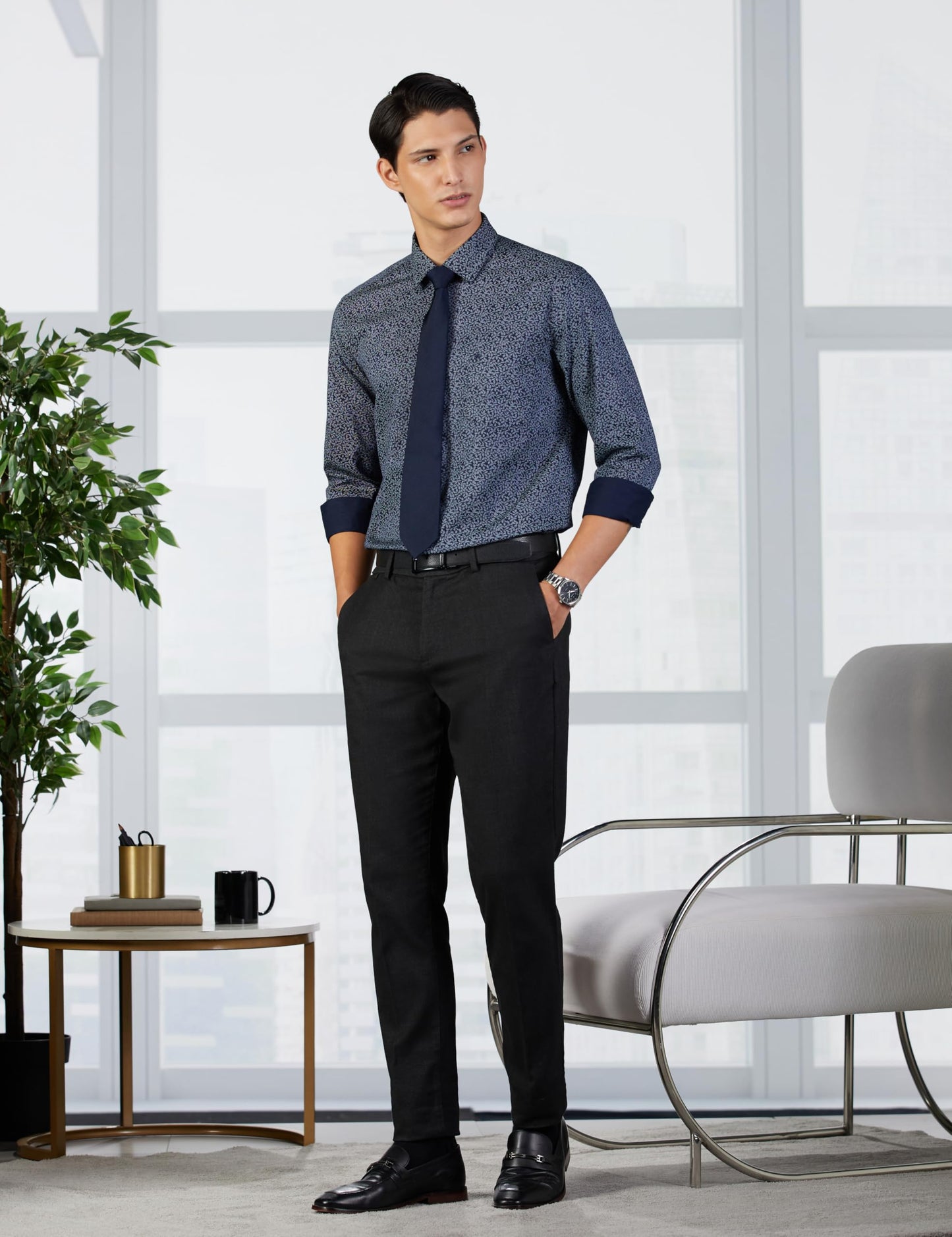 Arrow Men's Cotton Leaves Slim Fit Shirt (ARAEOSH1719_Navy, 40