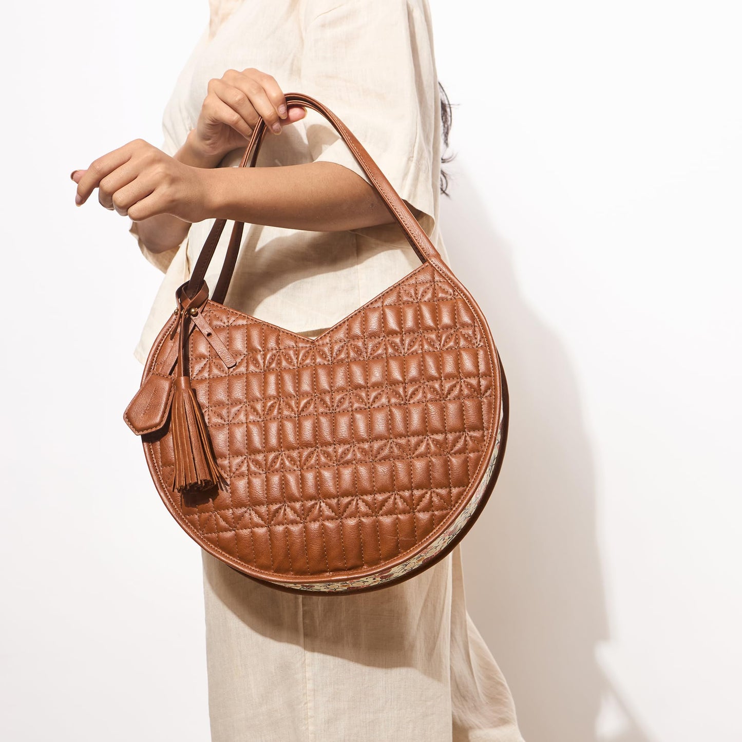 Chumbak Amalfi Tote Bag, 5.5L, Tan, PU Outer with Polyester Lining, Spacious Shoulder Bag with Kashmiri Motif, Kashmir Trails Collection