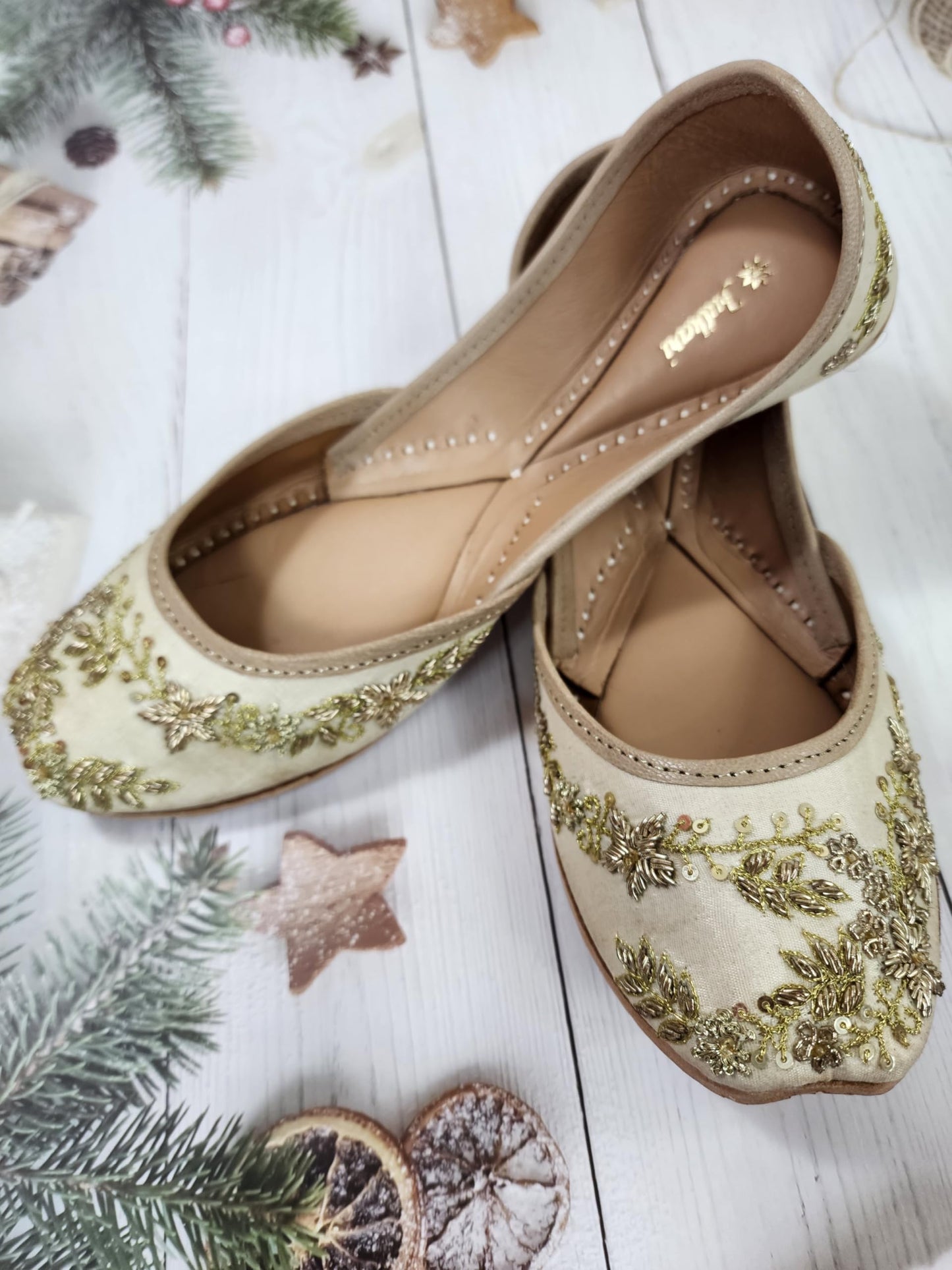 Fulkari Women's Paradise Beige Gold Soft Leather Embroidered Jutis | Bite and Pinch Free Jutti | Punjabi Formal Juttis | Girl's Wedding Flat Ladies Mojari | Formal Ethnic Juti | 42