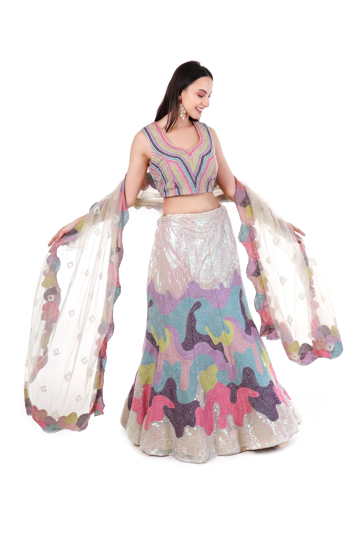 SWAPNIL BY AL Women's Designer Lehenga Choli Set With Sequin Embroidery & Net Dupatta | Off-White Multicolor | Size - M