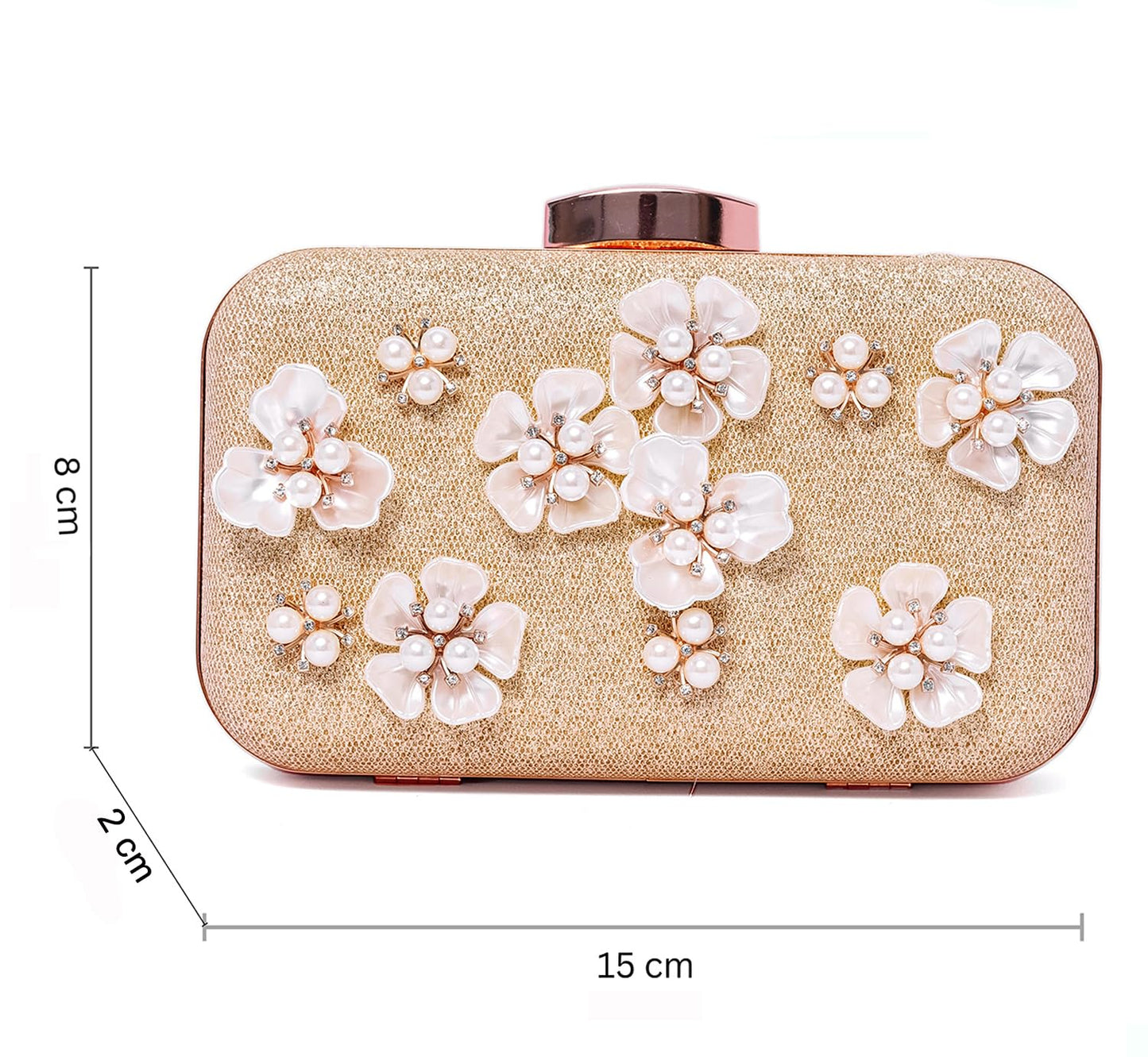 INOVERA (LABEL) Women's Glitter Floral Rhinestone Beaded Evening Party Clutch Wedding Bag Wallet (Rose Gold)