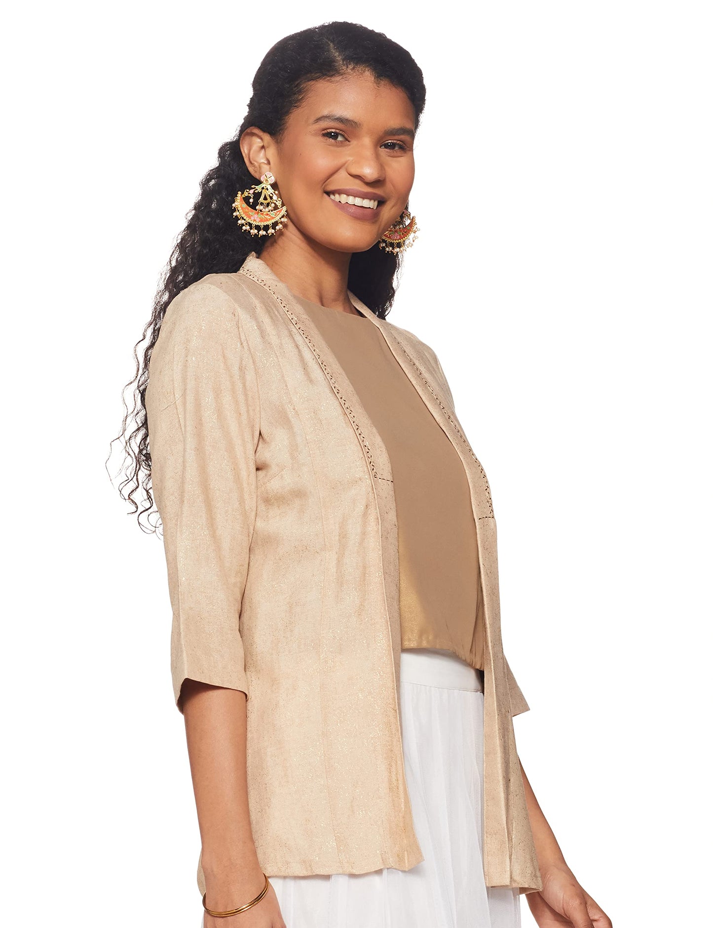 W for Woman Women's Rayon Almond Beige Printed Shrug (22FEW20158-116738 M)