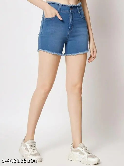 Women High Waist cotton blend (Blast look) regular fit washed Denim fur shorts