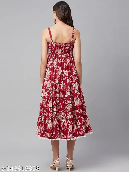 Divena Red Floral Printed Shoulder Strap Long dress