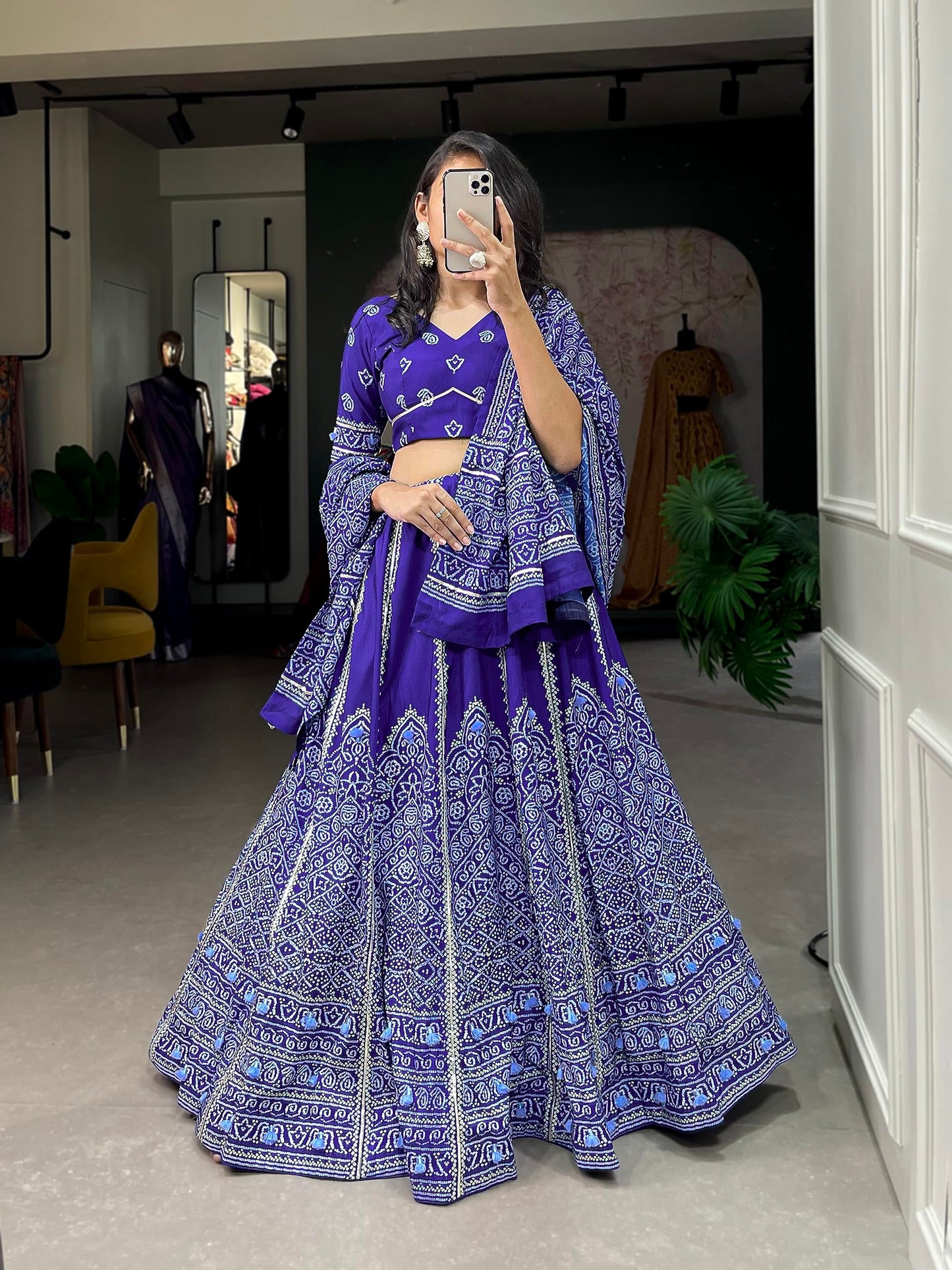 LooknBook Art Women's Vaishali silk & Printed With Gota Patti Semi-Stitched Bridal New Lehenga Choli With Dupatta (Navy Blue)