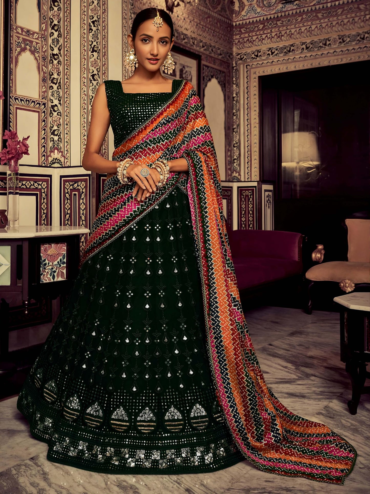 Zeel Clothing Women's Sequins Thread Embroidered Georgette Lehenga Choli With Dupatta (6003-Green-Women-Lehenga-Choli-New; Free Size)(Green)