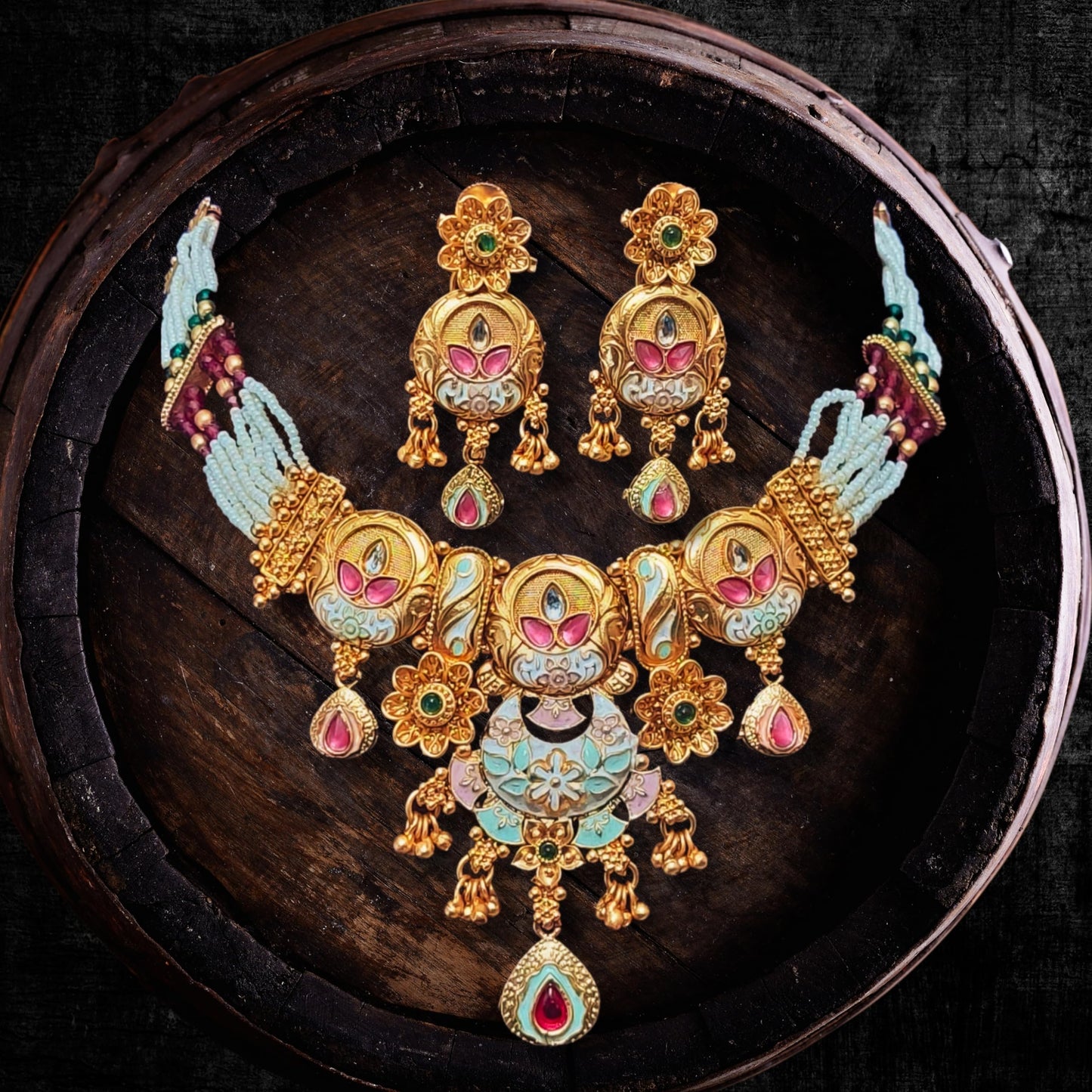 Achyut The Infalliable Women's Rajwadi Gold Plated Chik Necklace Set with Earrings - Rajwadi Floral Design Chokor Motimala Jewellery for Girls pink and green