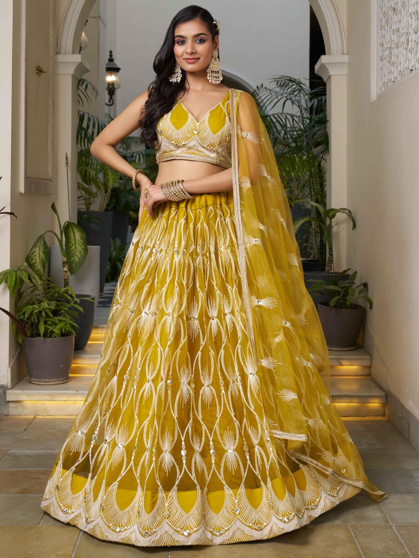 Zeel Clothing Women's Cotton Thread Sequins Work Embroidery Soft Net Semi-Stitched Lehenga Choli Set With Dupatta (Nfh-2139-Yellow-Women-Lehenga-Choli-Latest; Free Size)