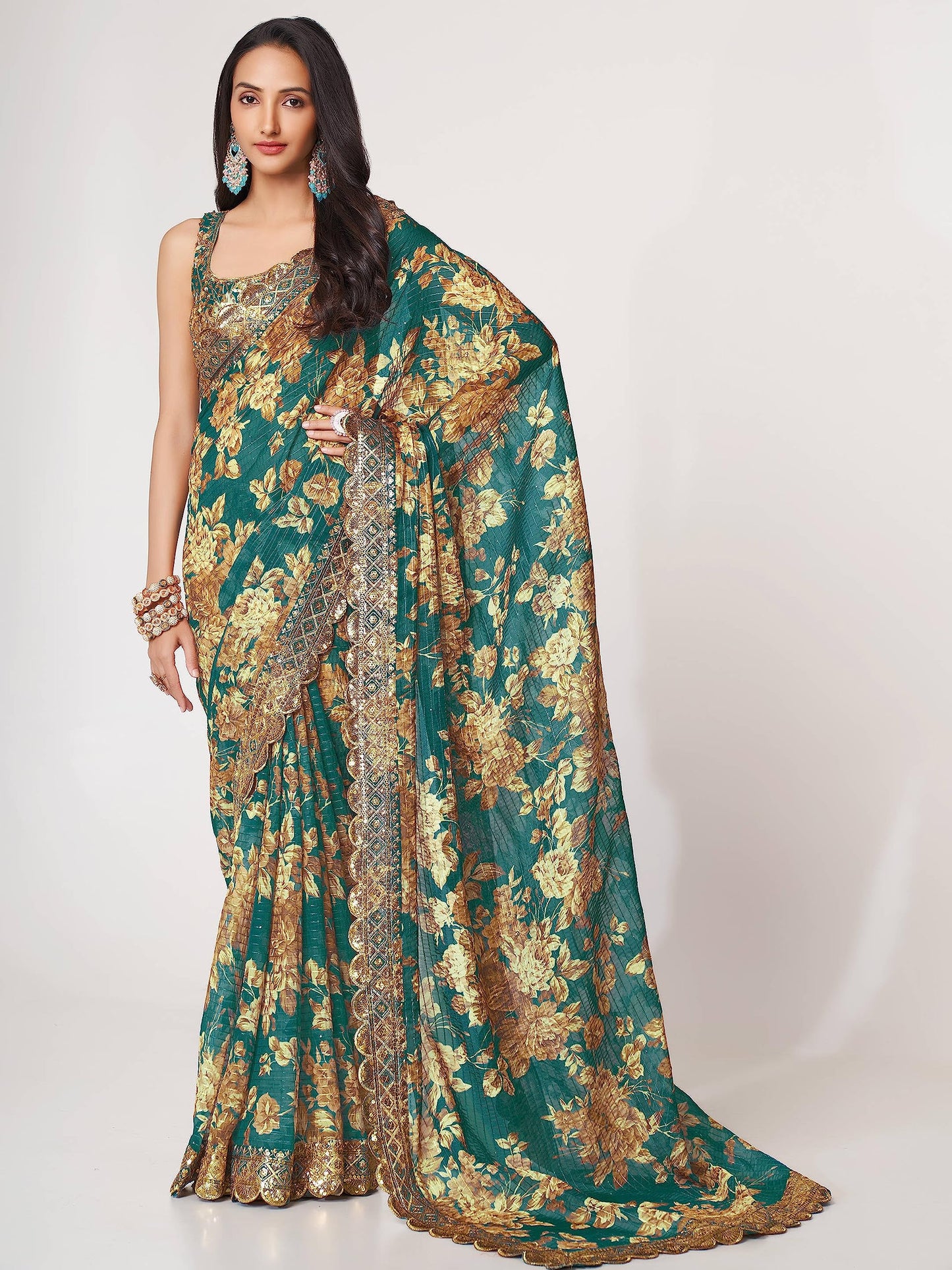 Zeel Clothing Women's Floral Organza Heavy Sequins Saree with Blouse (1106-Teal-Floral-Party-Wedding-Saree, Free Size) (Teal)