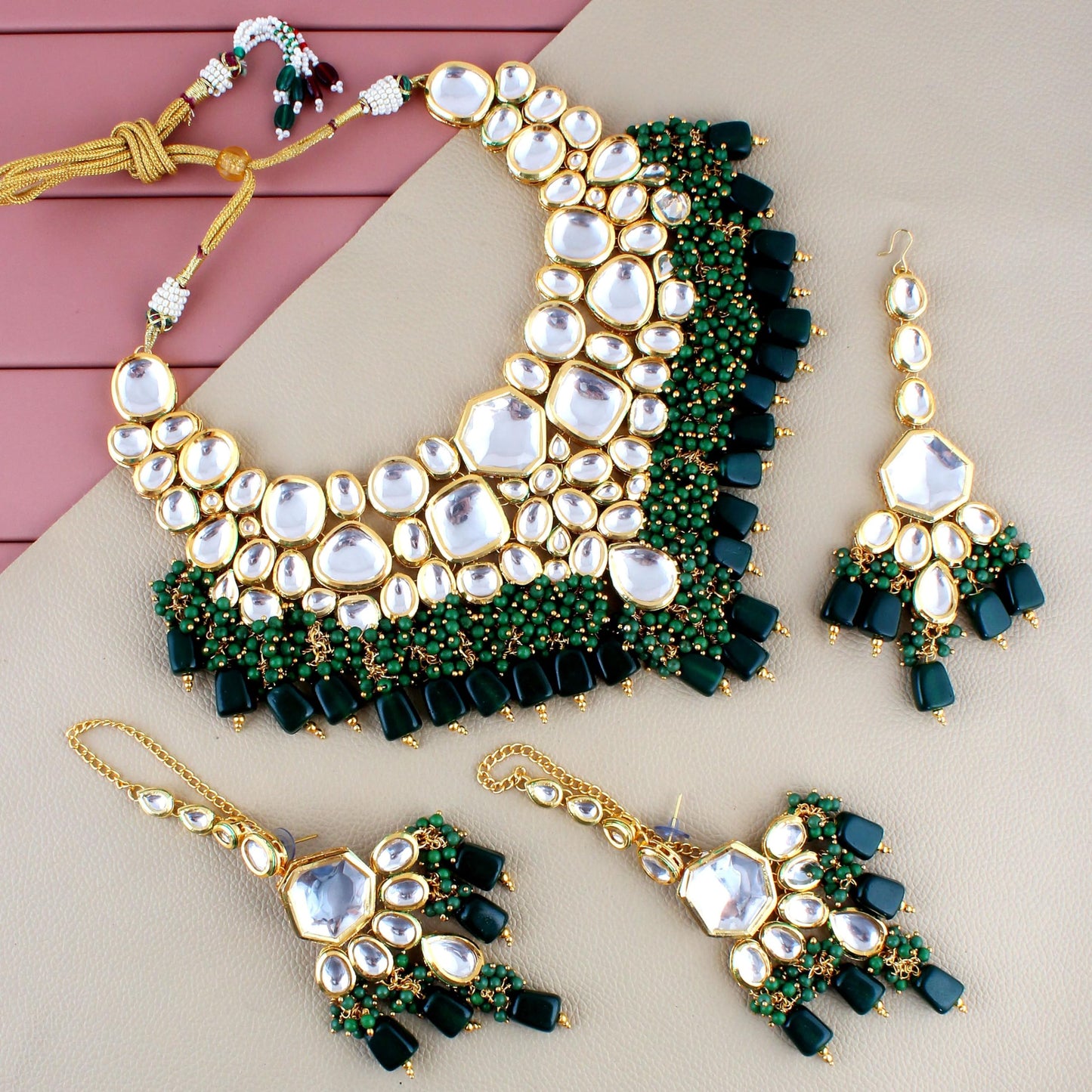 Lucky Jewellery Womens Back Meenakari 18k Gold Plated Green Color Tika Earring Combo Uncut Big Faux Kundan Choker Necklace Set (5910-M4SK-1574-G)