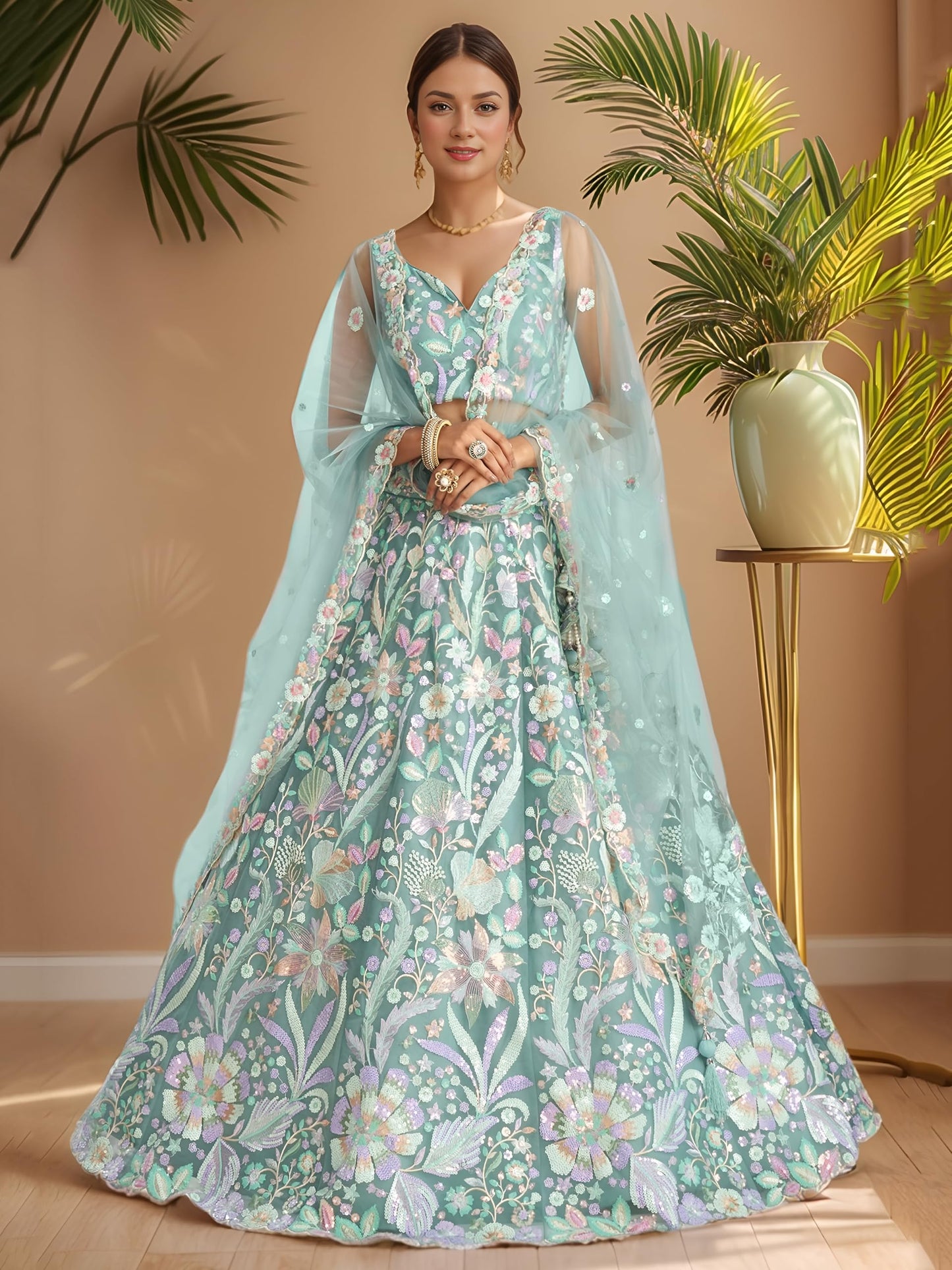 Zeel Clothing Women's Sequins Embroidered Work Soft Net Lehenga Choli With Dupatta (6020-Women-Lehenga-Choli-Latest; Free size) (White) (SkyBlue)
