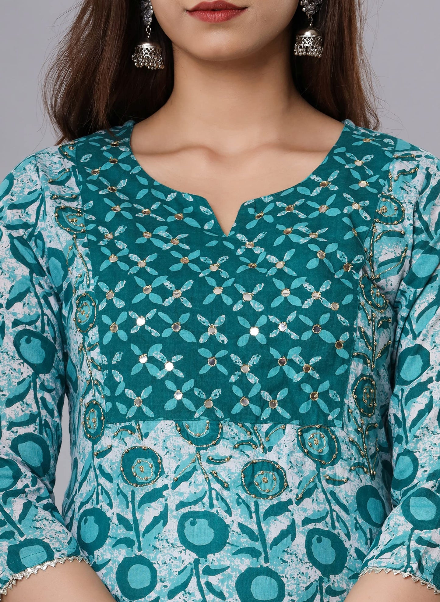 Vnyashri Cotton kurta set with dupatta for women (IN, Alpha, S, Regular, TEAL GREEN)