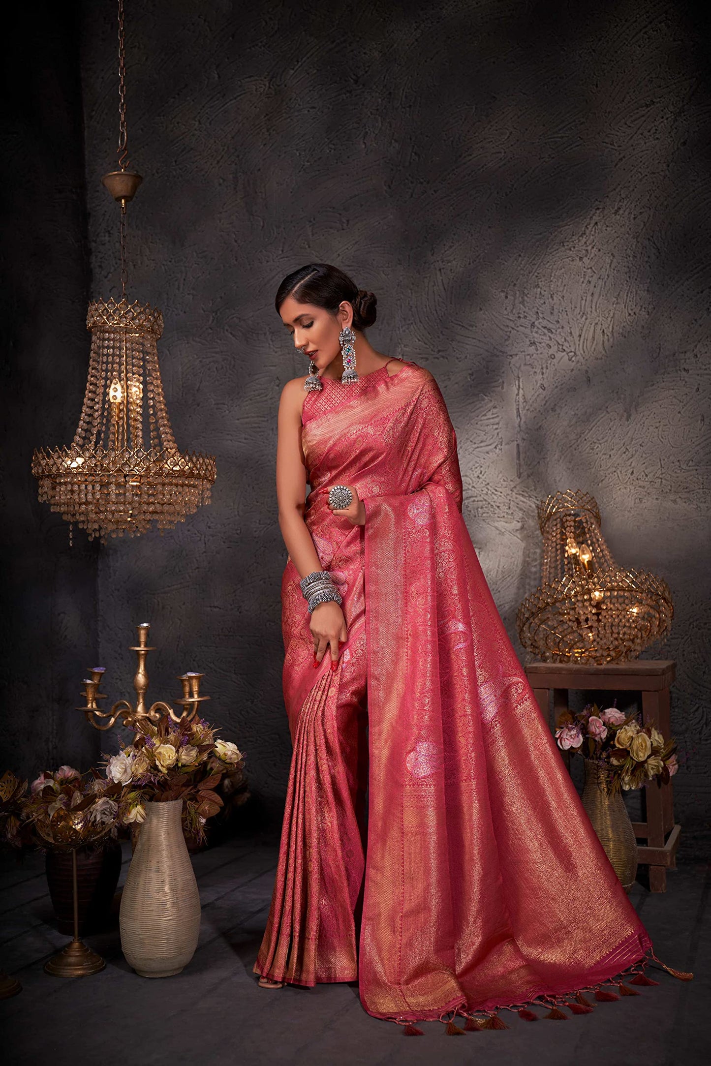 Vardha Women's Kanchipuram Art Silk Saree with Unstitched Blouse Piece - Gold Copper Silver Zari Woven Work Sarees (Ayana Silk_537)