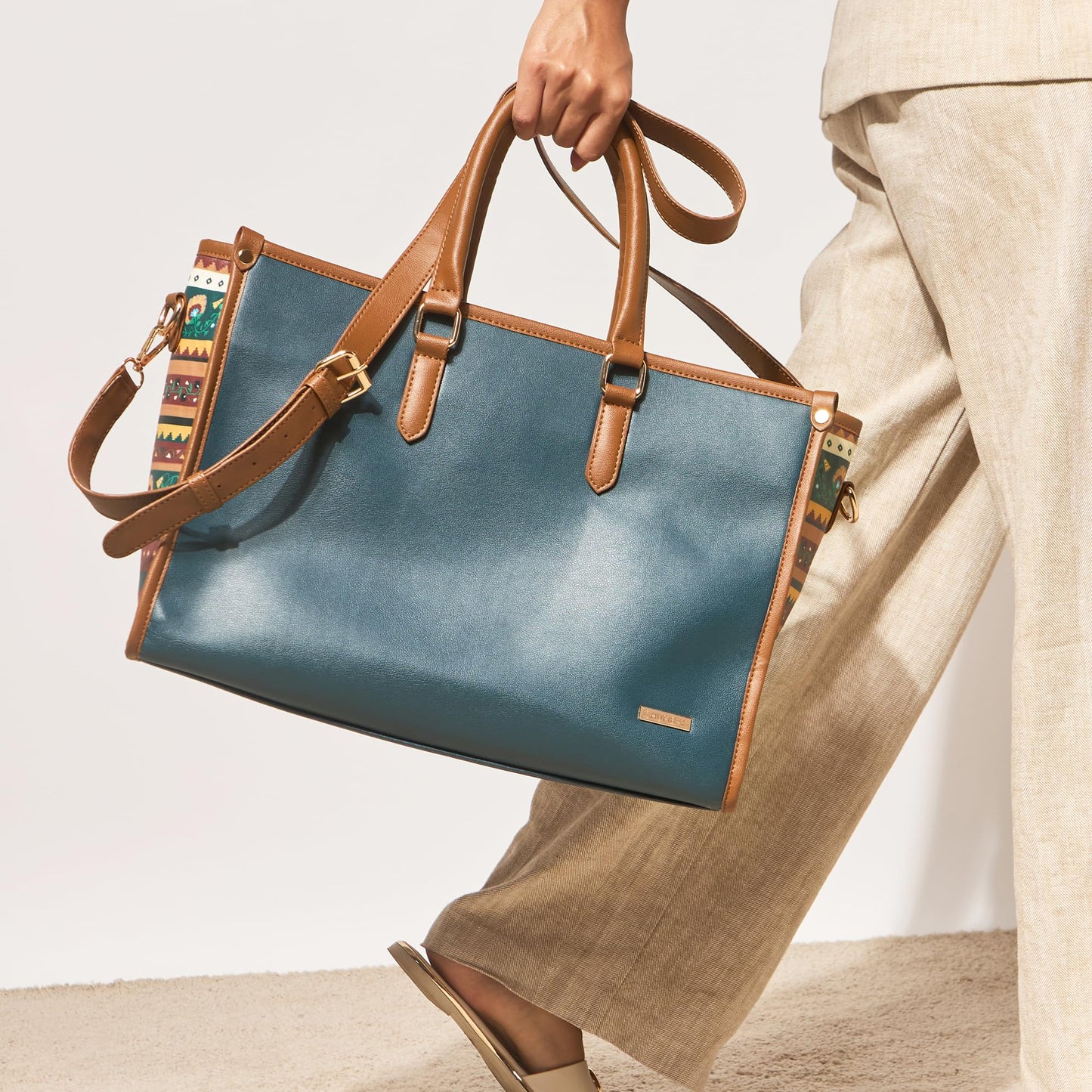 Chumbak Tulum Tote Bag for Women, Navy Floral PU Leather, Digital Nomad Collection, Stylish Travel-Friendly Zipper Tote, Durable and Spacious for Everyday Essentials