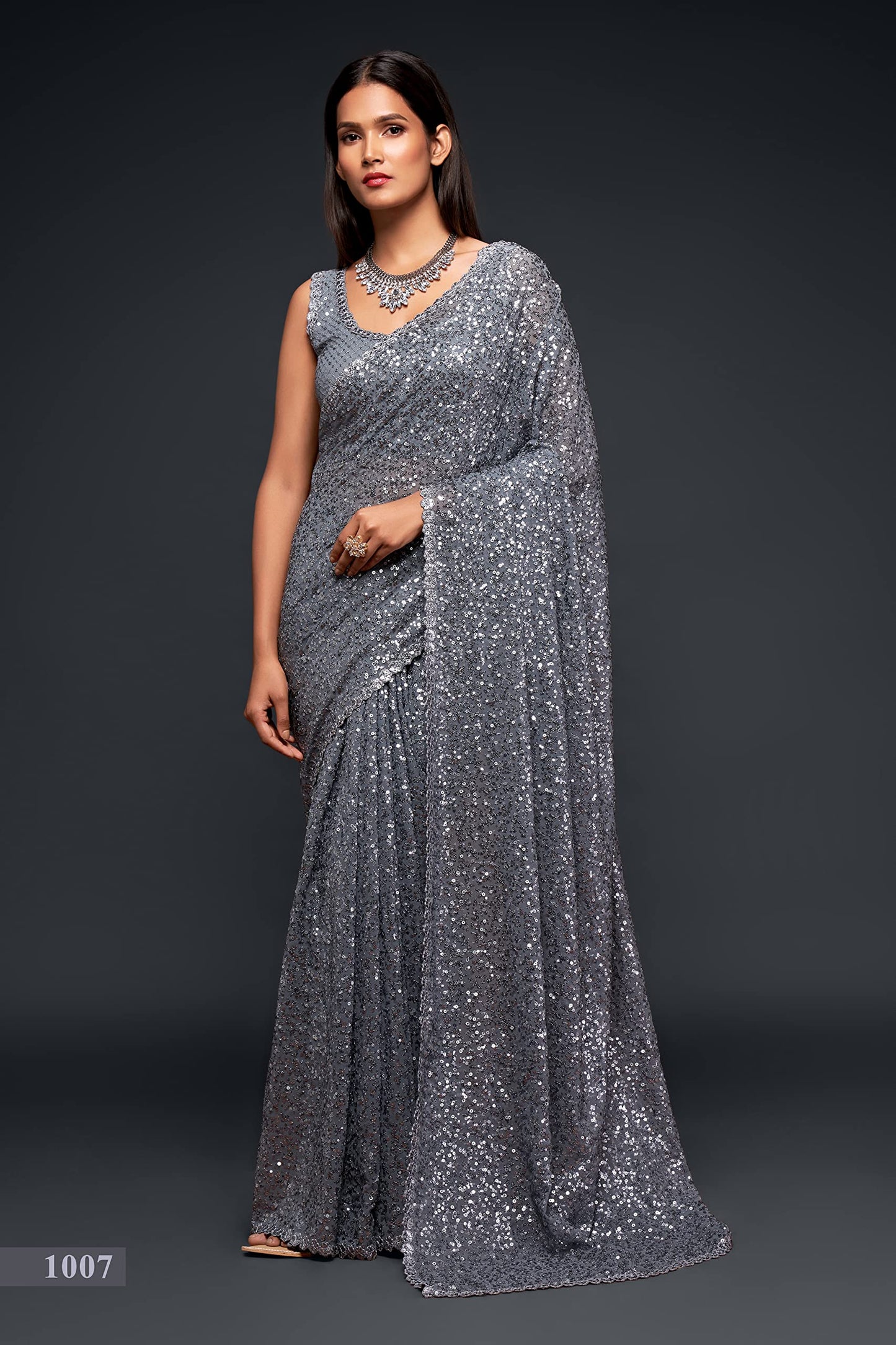 Zeel Clothing Women's Grey Sequins Work Heavy Georgette Saree with Blouse (1007-Slate-Grey-Sequins-Party-Saree, Slate Grey)