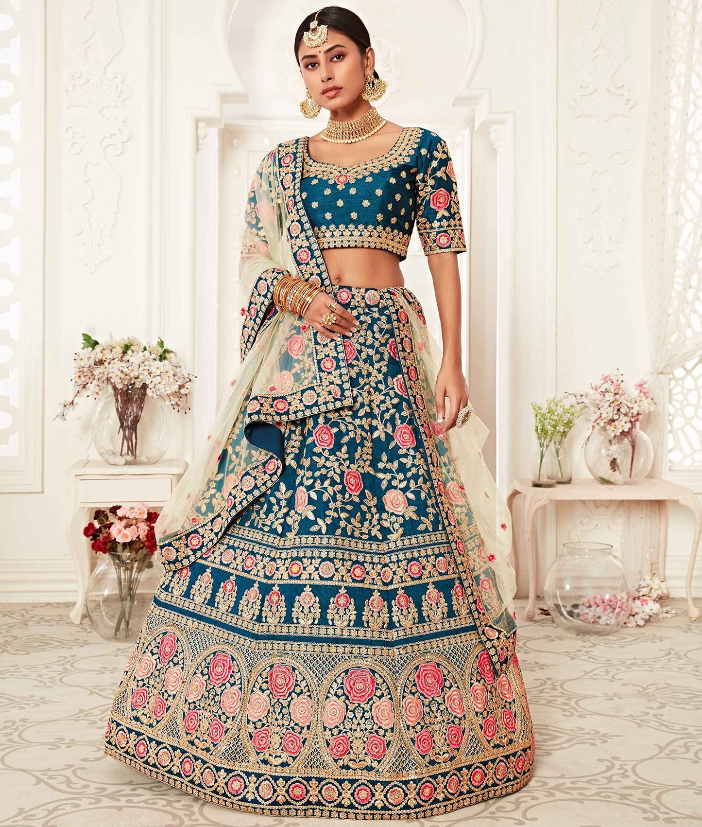 Zeel Clothing Women's Faux Silk Semi stitched Lehenga Choli (7703-Wedding-Bridal-Latest-Lehenga_Blue_Free Size)
