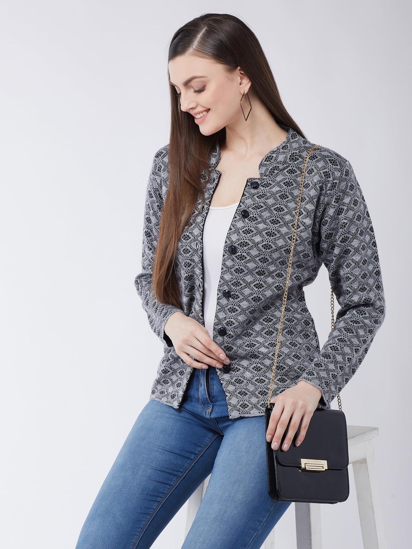 Modeve Women Printed Grey Casual Sweater for Winter