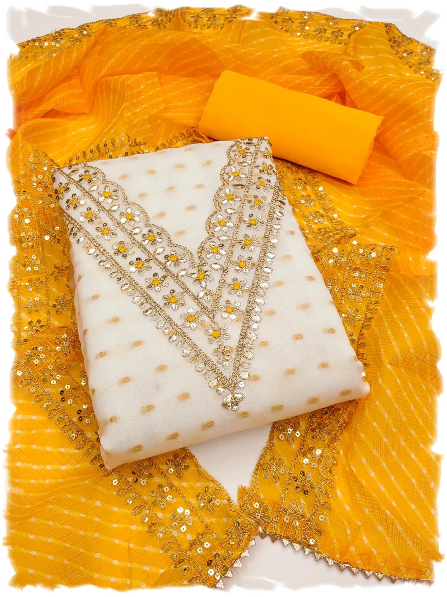 Pandadi Saree Women's Chanderi Unstitched Dress Material (White-Yellow)