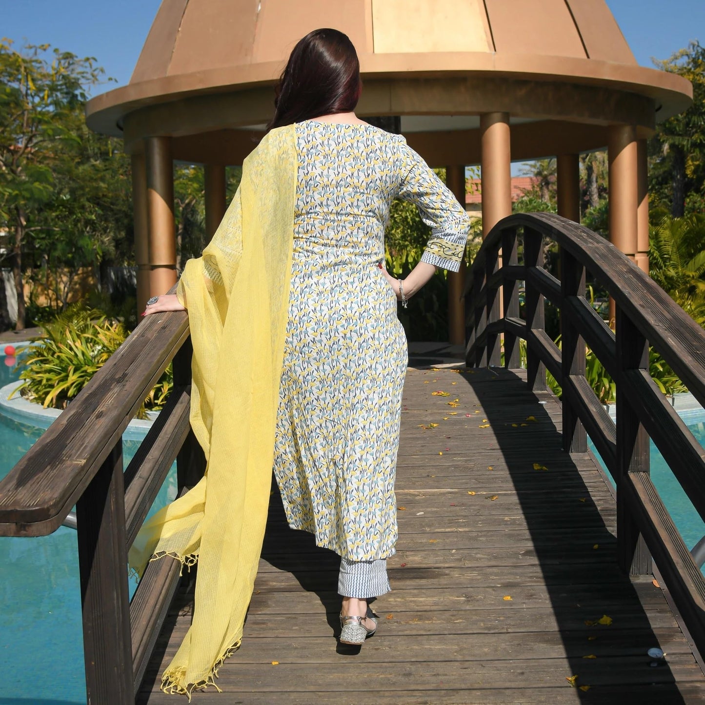 Royal Export Women's White Color Cotton Printed Straight Kurti Palazzo Pants Set Salwar Suit Set (Small, White Yellow)
