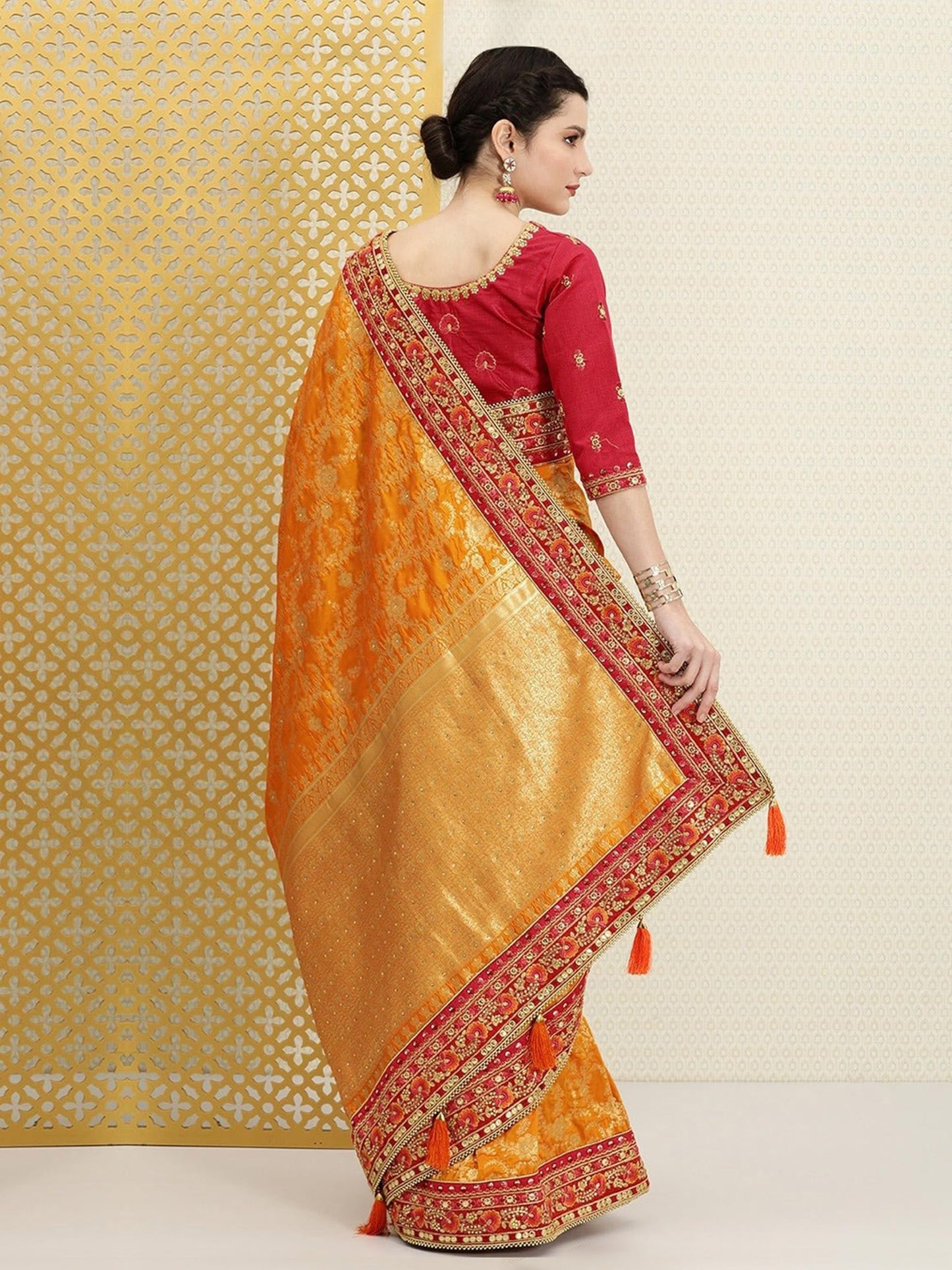 TRENDMALLS Women's Pure Silk Embroidery Saree with Unstitch Blouse Piece (K1113-Orange)
