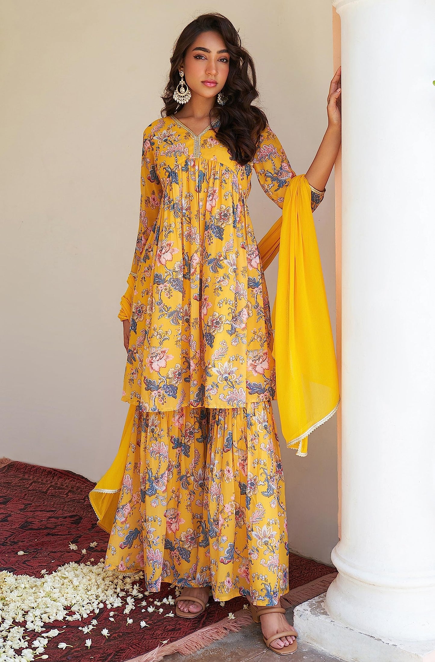 Janasya Women's Yellow Georgette Digital Floral Printed Kurta with Sharara and Dupatta(SET754-KR-SHA-R-XL)