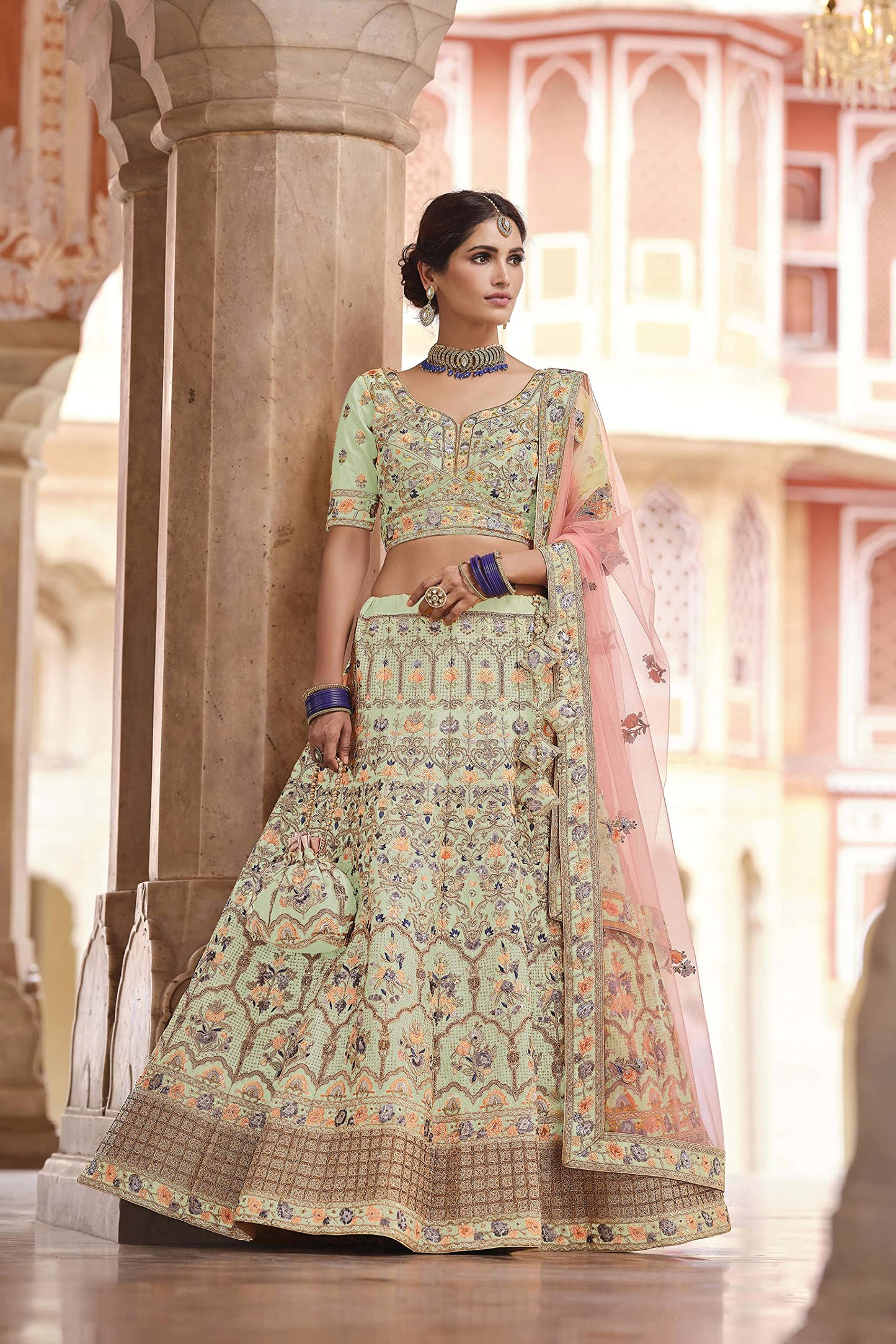 FUSIONIC Crepe Material Pista Green Color Sequins Work Lehenga Choli For Women