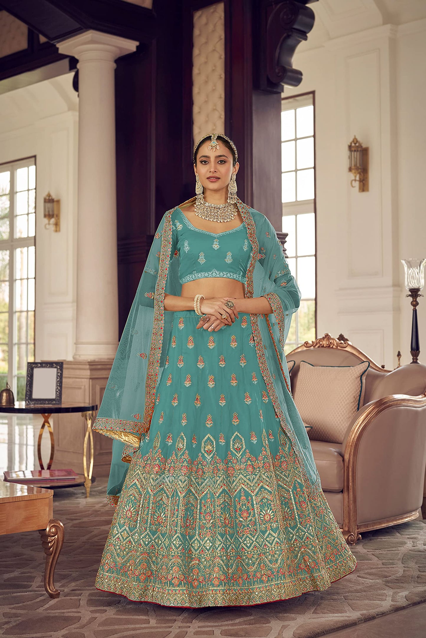 FUSIONIC Turquoise Color Zarkan And Thread Work Organza Base Lehenga Choli For Women