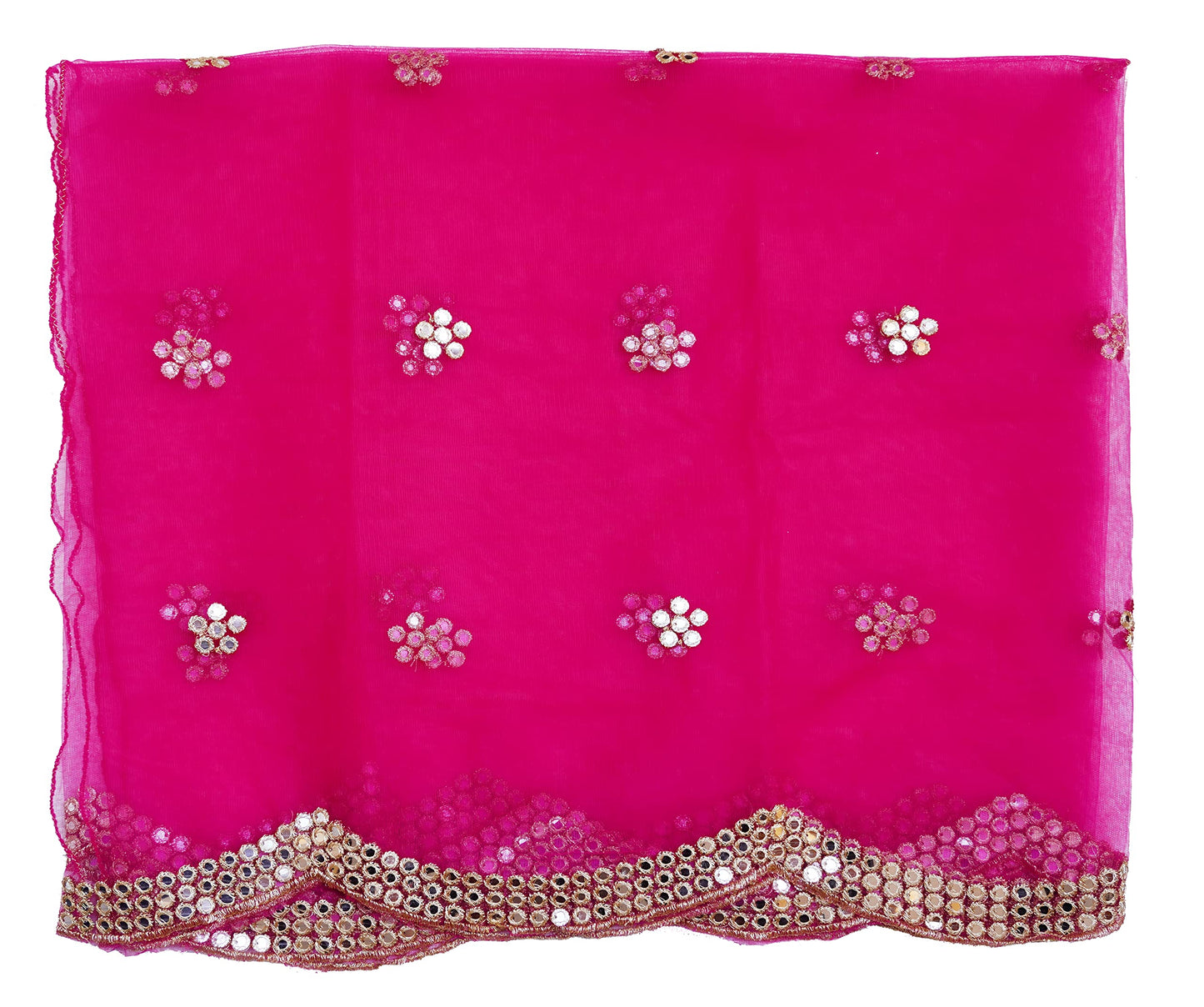 YOUTHQUAKE Embroidered & Embellished Plastic Mirror Net Dupatta For Womens & Girls With Curve Cut Work Fancy Design (Rani Pink), Free Size