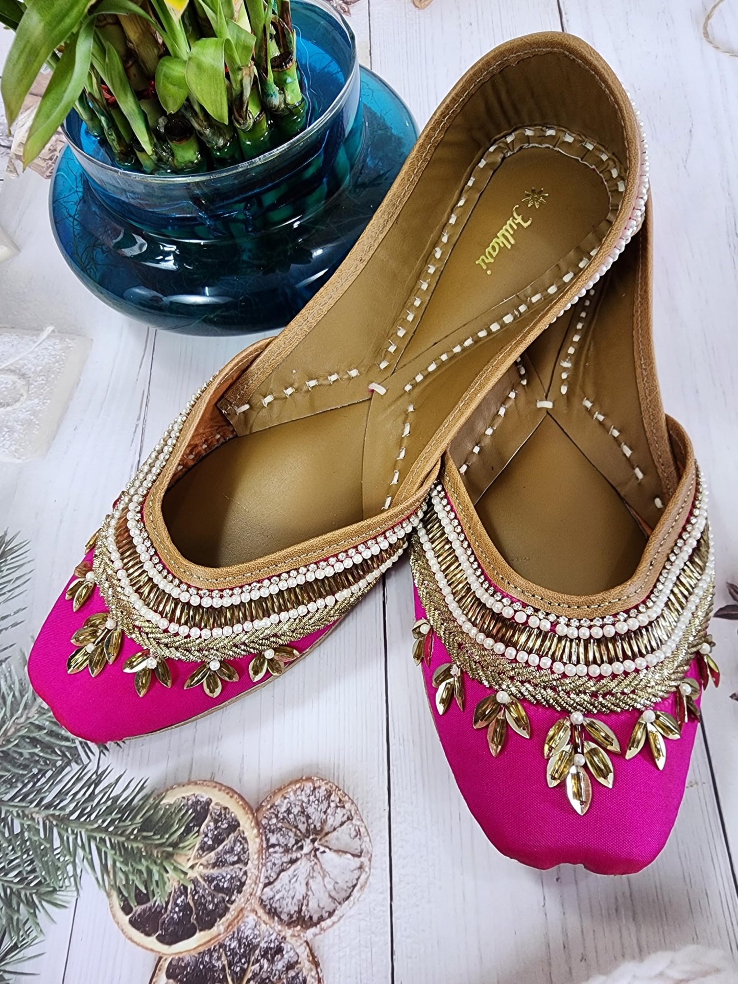 Fulkari Women's Blossom Magenta Gold Soft Leather Embroidered Jutis | Bite and Pinch Free Jutti | Punjabi Formal Juttis | Girl's Wedding Flat Ladies Mojari | Formal Ethnic Juti | 41