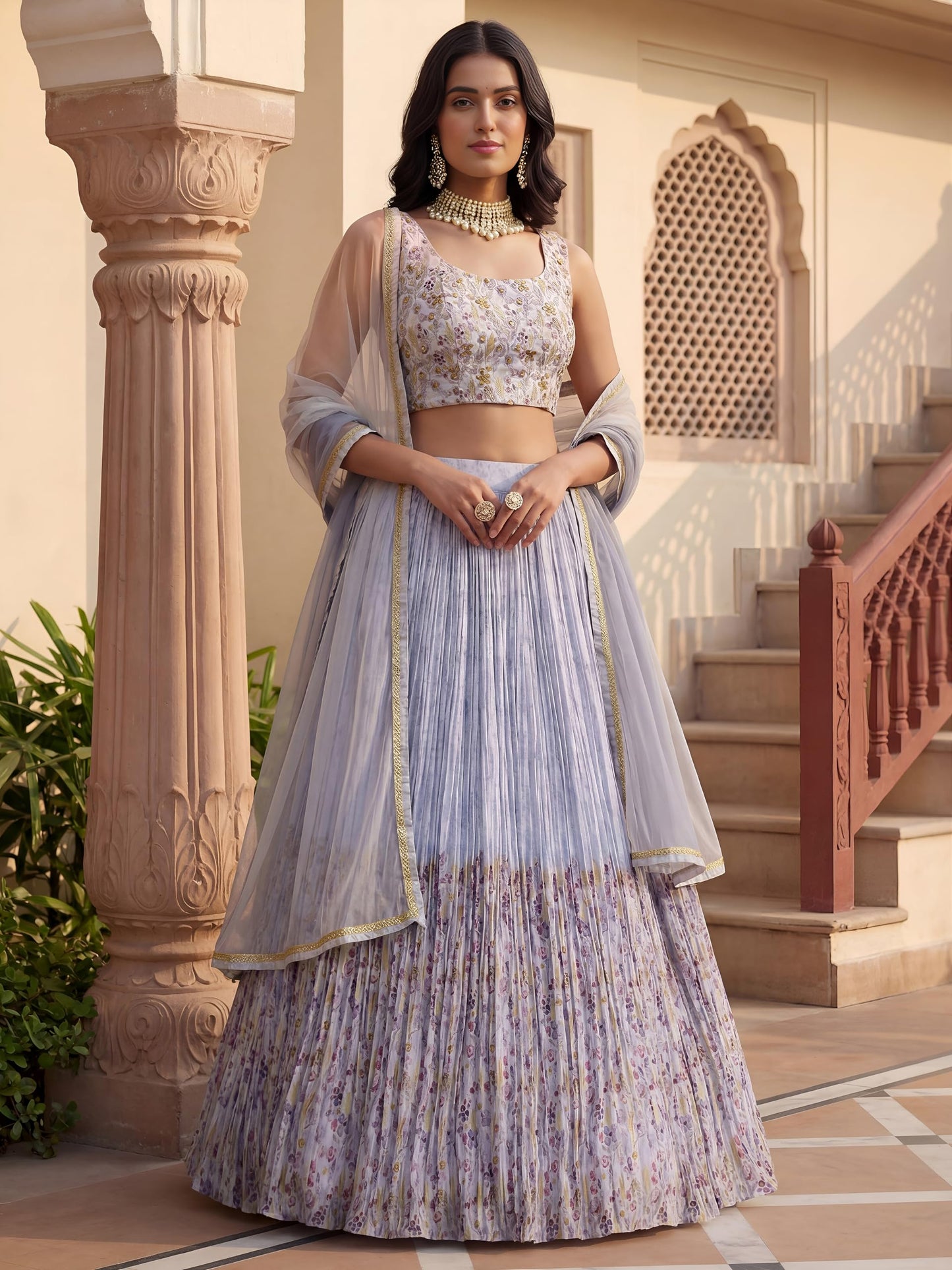 Zeel Clothing Digital Print Mirror Hand Work Georgette Lehenga Choli with Dupatta (5100-Blue-Women-Stylish-Lehenga-Choli; Free Size)