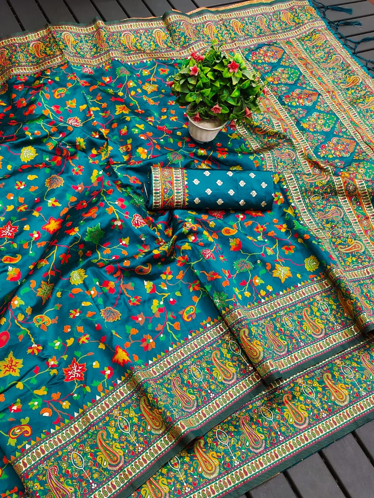 Pandadi Saree Woman's Teal Kashmiri Pashmina Silk Saree with Unstitched Blouse Piece.