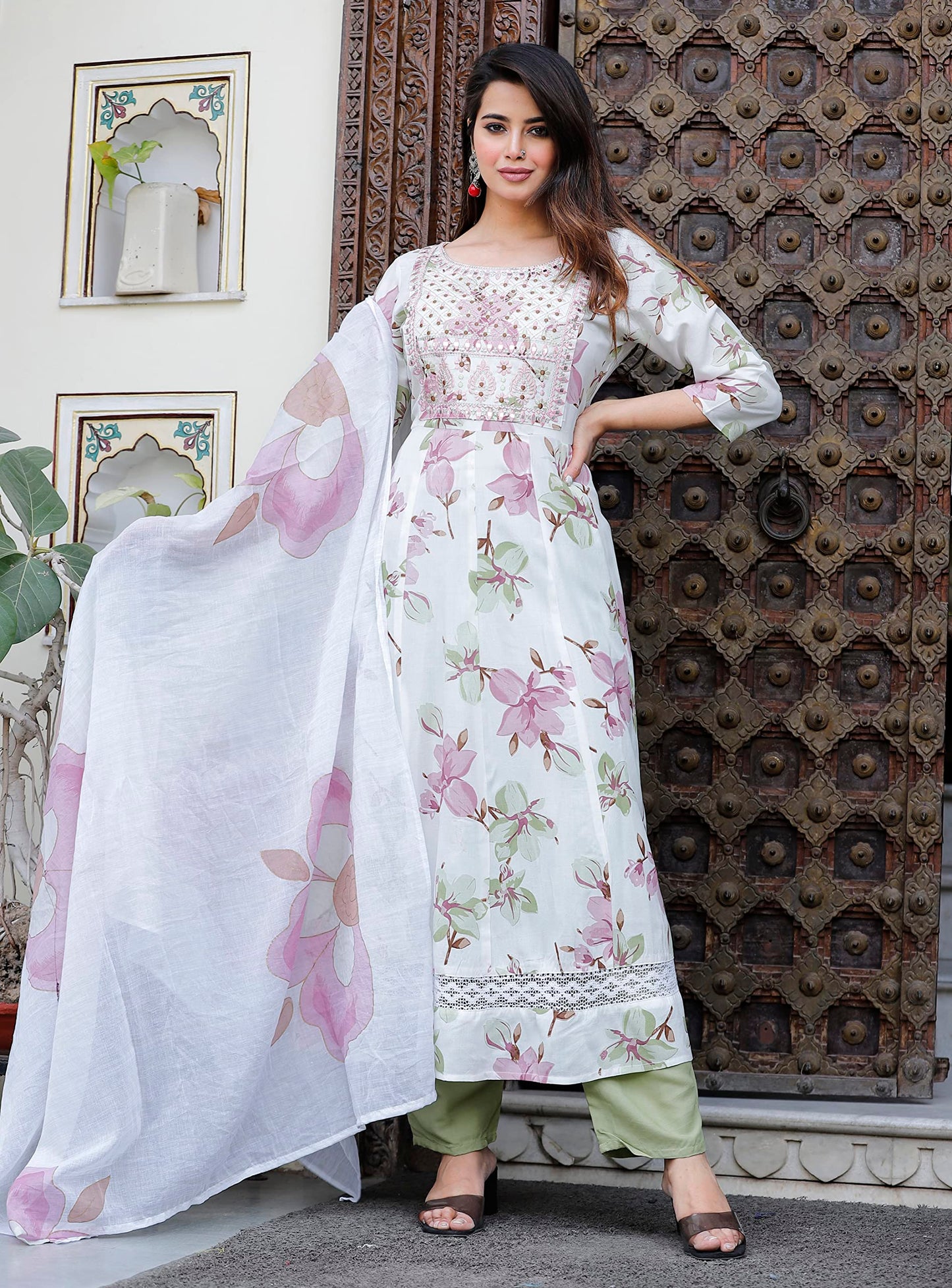 Rangnavi Women Rayon Anarkali Embroidered Printed Kurta Pant and Dupatta Set