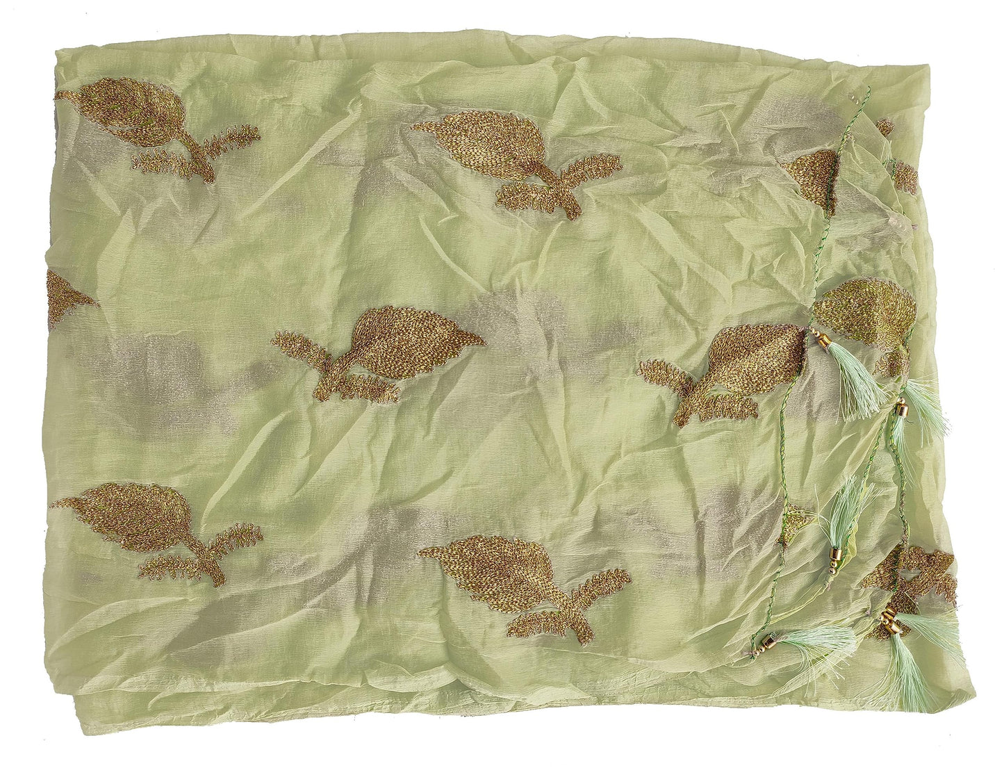 YOUTHQUAKE Women's Golden Patti Work Embroidered Chiffon Dupatta for Womens & Girls With Latkan (Pistaa)