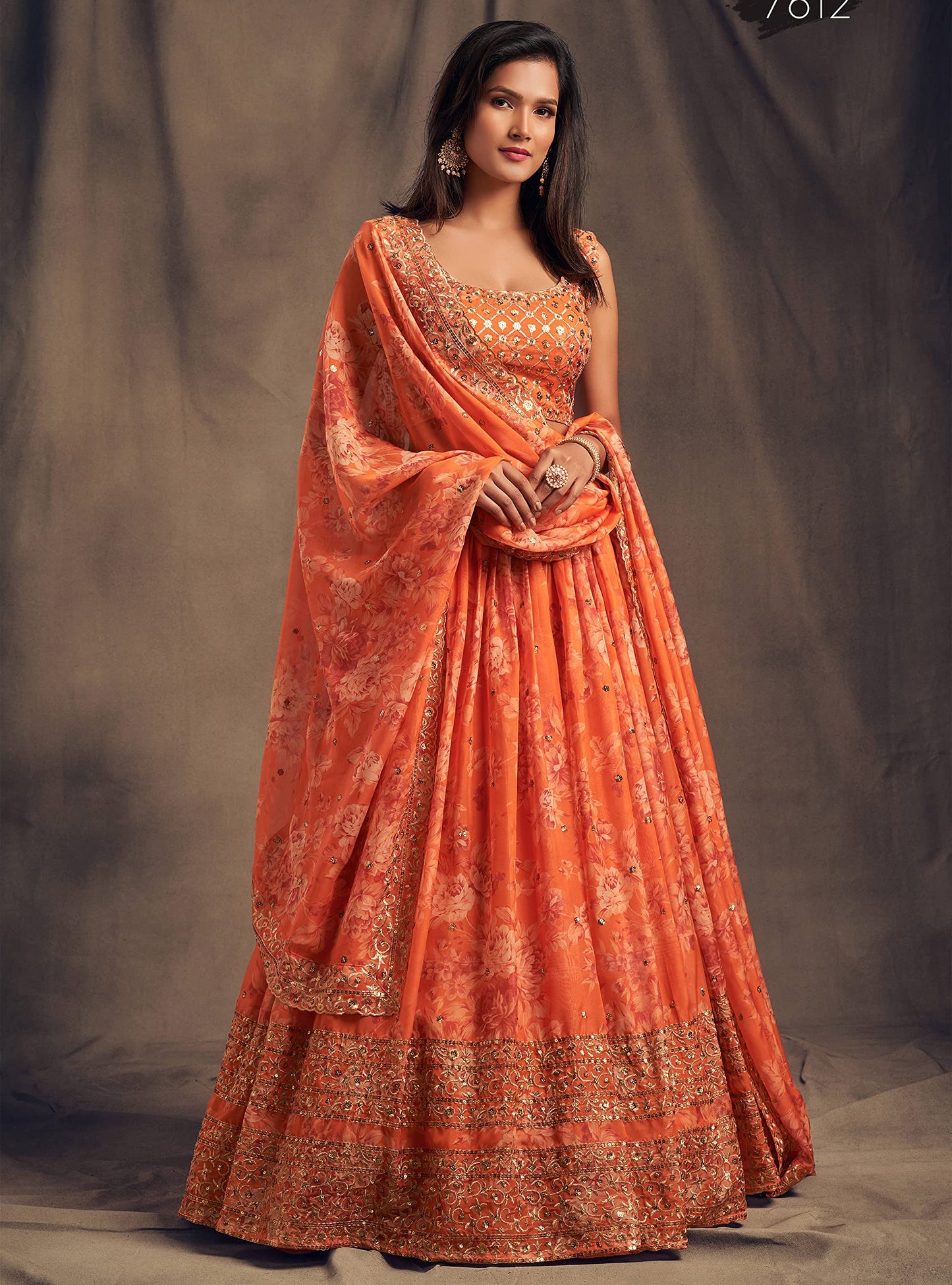 Zeel Clothing Women's Organza Floral White Semi-Stitched Lehenga Choli (7612-Orange-Wedding-Floral-Lehenga-New, Orange)