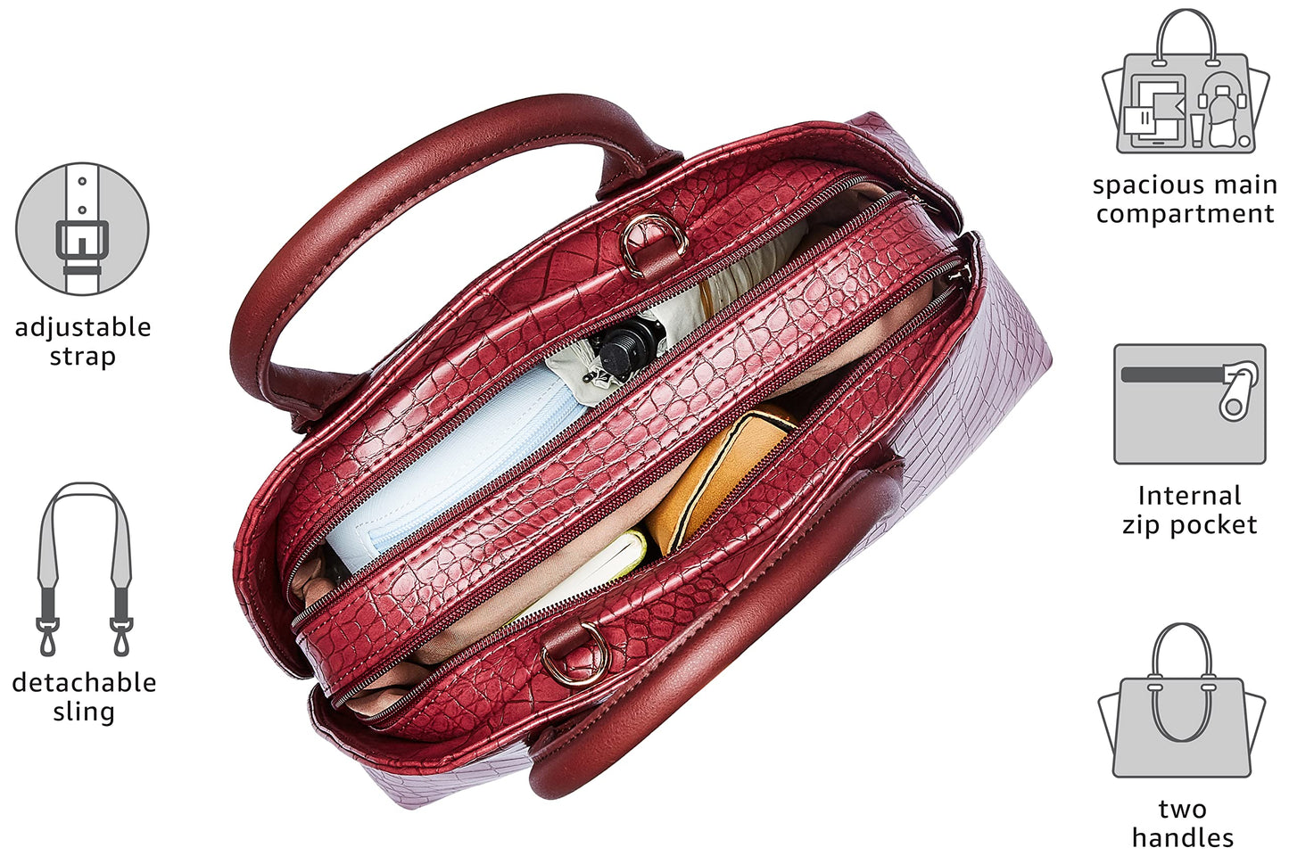 Caprese Zoia Satchel Bag, Medium | Stylish Croco Finish Handbag for Women with Chic Grab Handle, Adjustable & Detachable Sling Strap | Secure Zip Closure | Perfect for Casual & Daily Use (Plum)