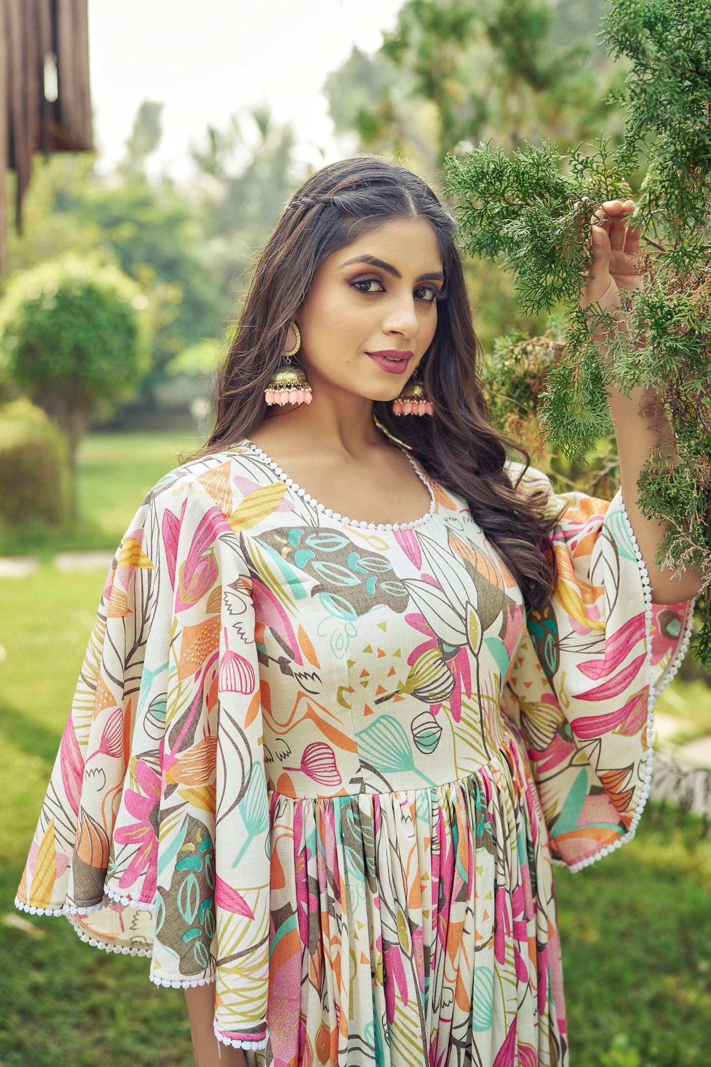 Samprag Rayon Gown for Women | Full Length | Printed | Fit & Flare | Flared & Bell Sleeves | Round Neck | Ethenic Dress | Ideal for Casual, Wedding & Party | Off-White & Sky Blue | S