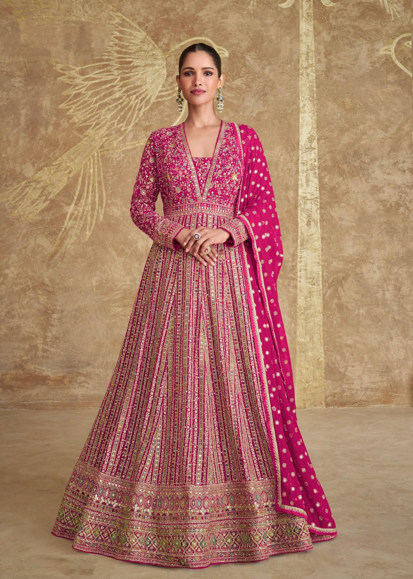 Miss Ethnik Women's Pink Chinon Stitched Gown With Dupatta Full Sleeve Embroidered Anarkali Gown (ME-1275-Pink-4XL)
