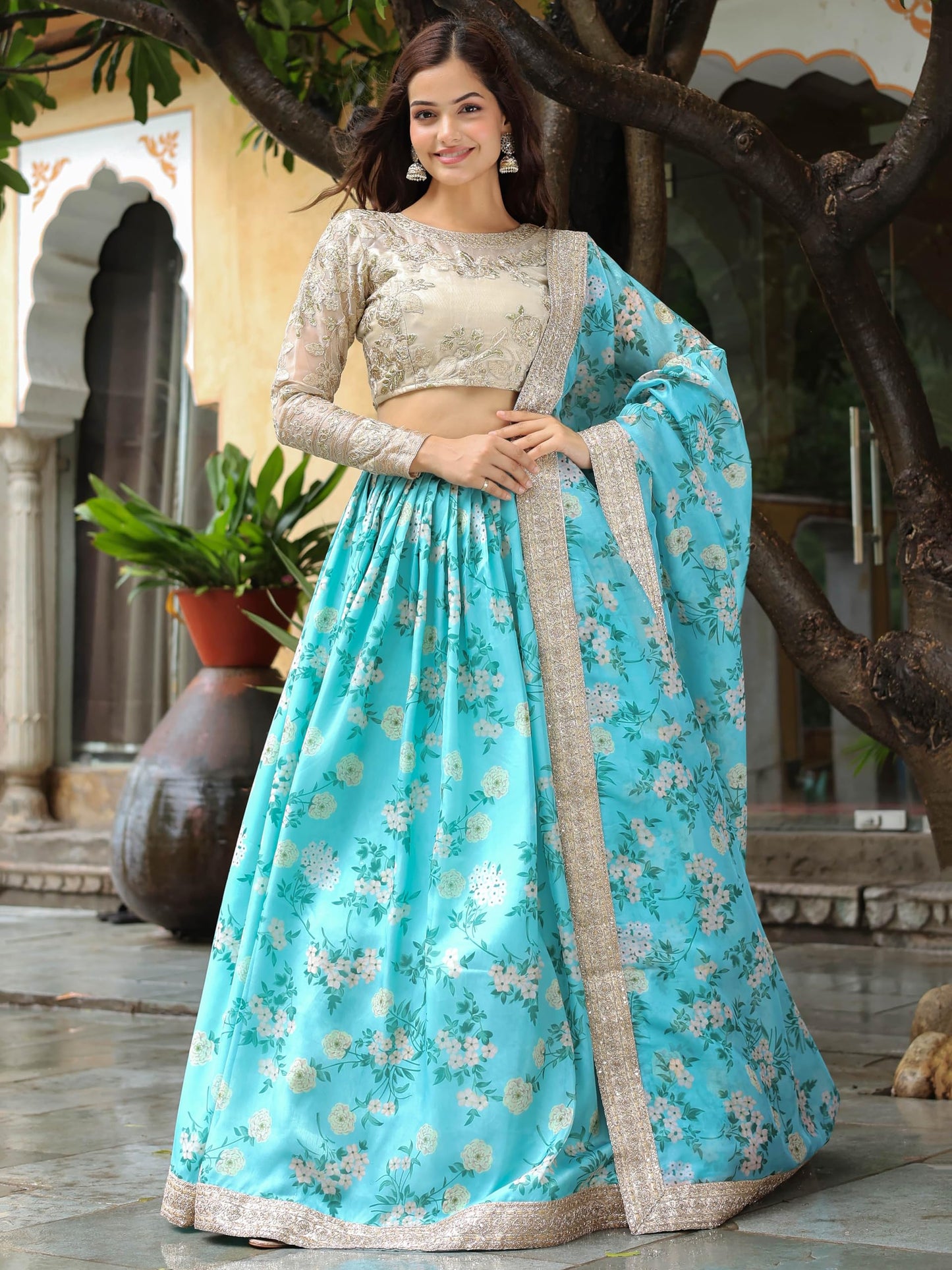 Zeel Clothing Women's Digital Print & Dori, Zari, and Sequins Embroidery Work Organza Lehenga Choli With Dupatta (7606-SkyBlue-Wedding-Women-Lehenga-Choli, Free Size) (SkyBlue)
