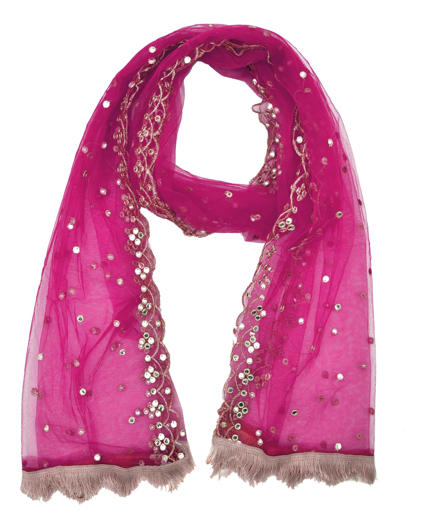 YOUTHQUAKE Plastic Mirror Emboridered Net Dupatta for Womens & Girls With Fancy Cut Design with Lace (Rani Pink) 2.25 Meter