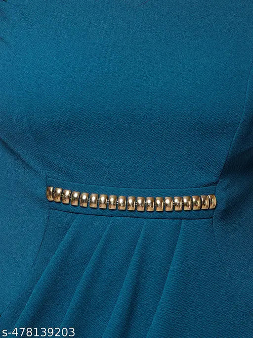 Miss Chase Women's Teal V-Neck Cap Sleeve Solid Wrapped Polyester Knee-Long Dress