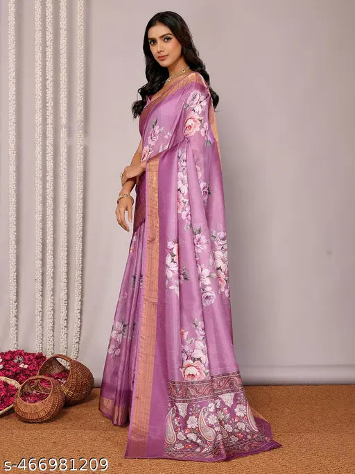 Janasya Women's Purple Chanderi Silk Floral Printed Chanderi Saree with Blouse Piece