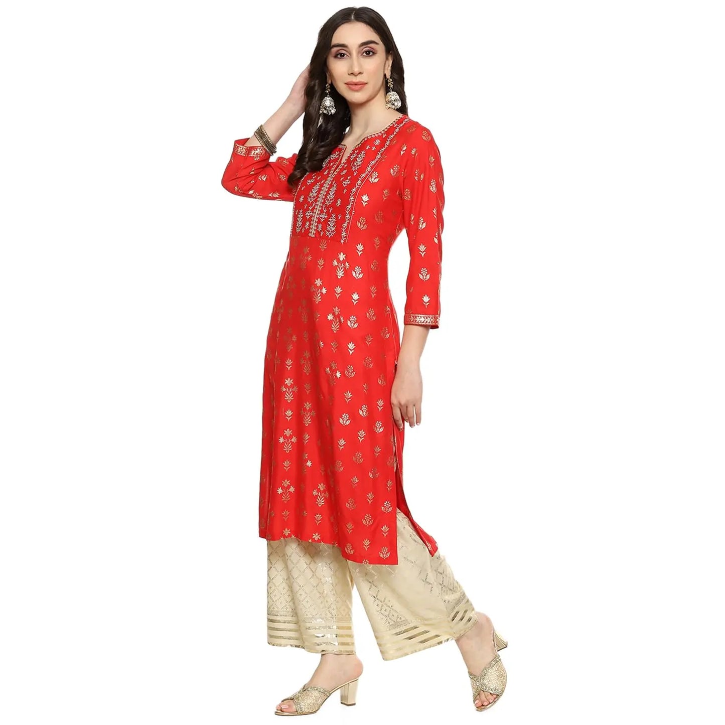 BIBA WOMEN PRINTED STRAIGHT SALWAR KURTA DUPATTA(SKD7451E_RED_40) SaumyasStore