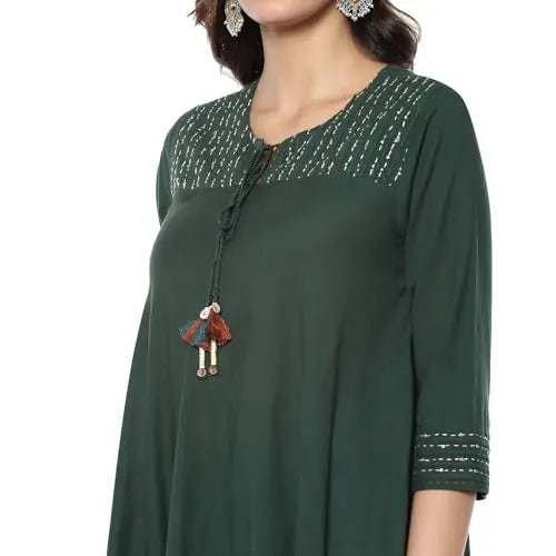 BIBA Women's Cotton Kurta (SKDKANKAR10008AW24DGRN_Dark Green SaumyasStore