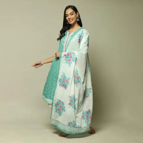 BIBA Women's Cotton Kurta Sets (SKDPHULKARI8486SS23TURQ_Turquoise SaumyasStore