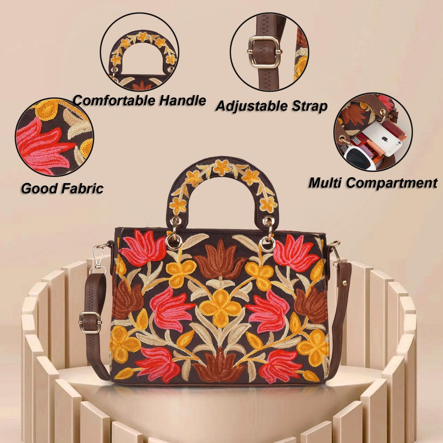 EVEDA Synthetic Leather Gorgeous Embroidery Stylish Design Shoulder Crossbody Hobo Women Handbag - SaumyasStore