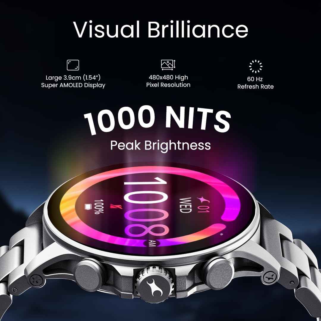 Fastrack Marvellous FX2 Smart Watch, 3.9 CM AMOLED Display, Functional Crown, SingleSync BT Calling, Metal Design, 1000 Nits Brightness, IP68, Upto 5-Day Battery Life, Dynamic Smartwatch Faces (Gun) SaumyasStore