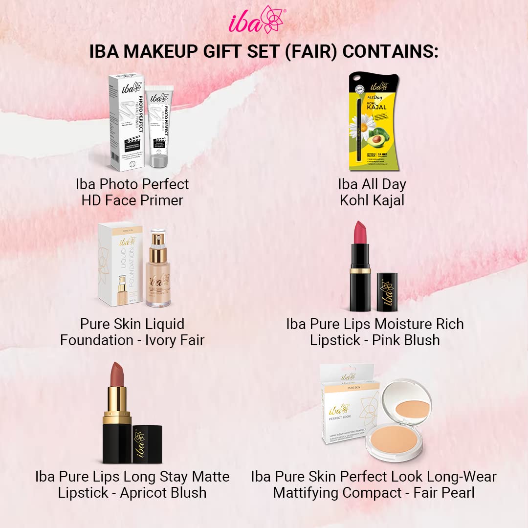 Iba Makeup Gift Set for Women (Fair) - Foundation, Compact, Primer, Lipsticks, Kajal | Long Lasting | Full Coverage | 100% Vegan & Cruelty Free (6 items in the set) SaumyasStore