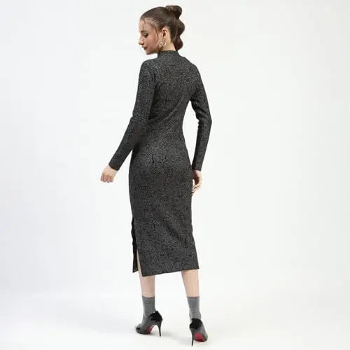 Madame Black Textured Bodycon Dress with Long Sleeves SaumyasStore